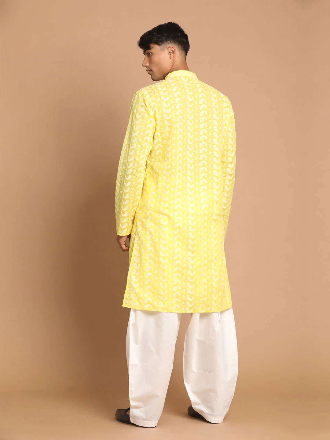 Men's Mustard Pure Cotton Chikankari Kurta With Patiala Set - Image 3