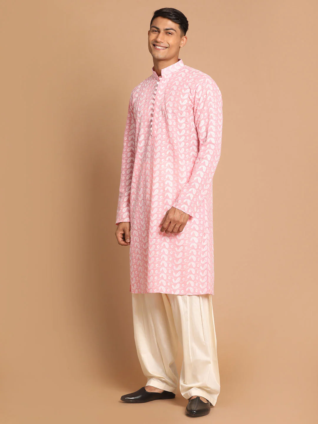 Men's Pink Pure Cotton Chikankari Kurta With Patiala Set - Image 2