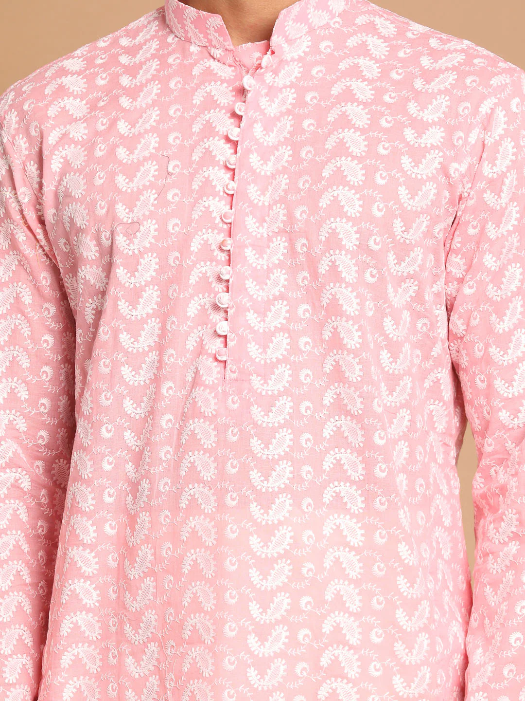Men's Pink Pure Cotton Chikankari Kurta With Patiala Set - Image 4