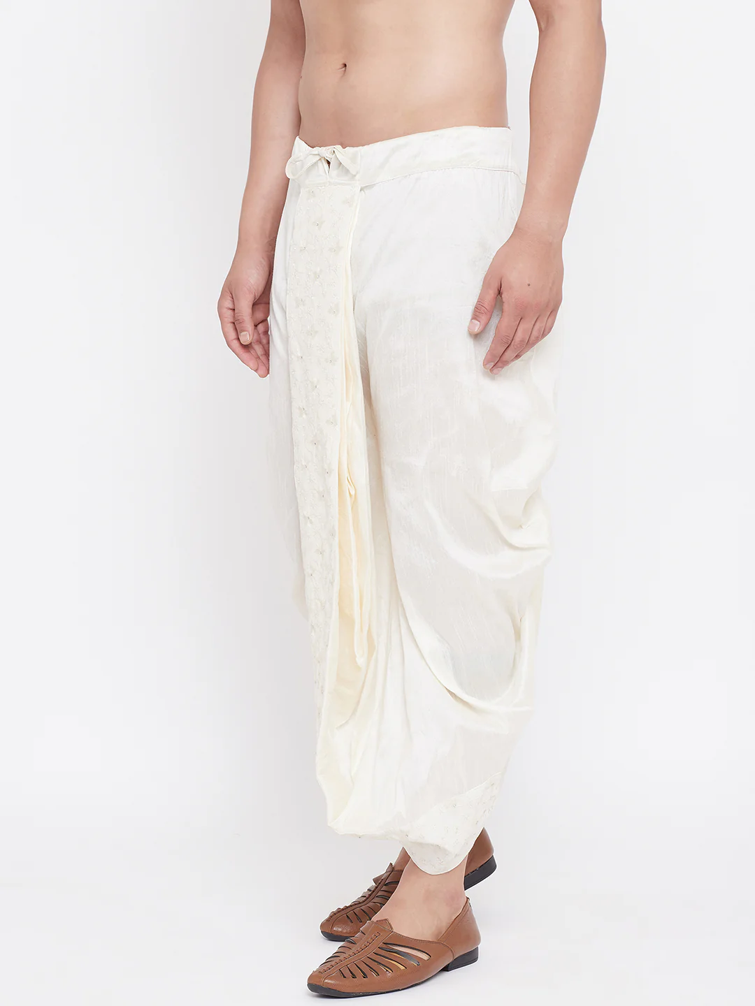 Men's Cream Silk Blend Embroidered Dhoti - Image 2