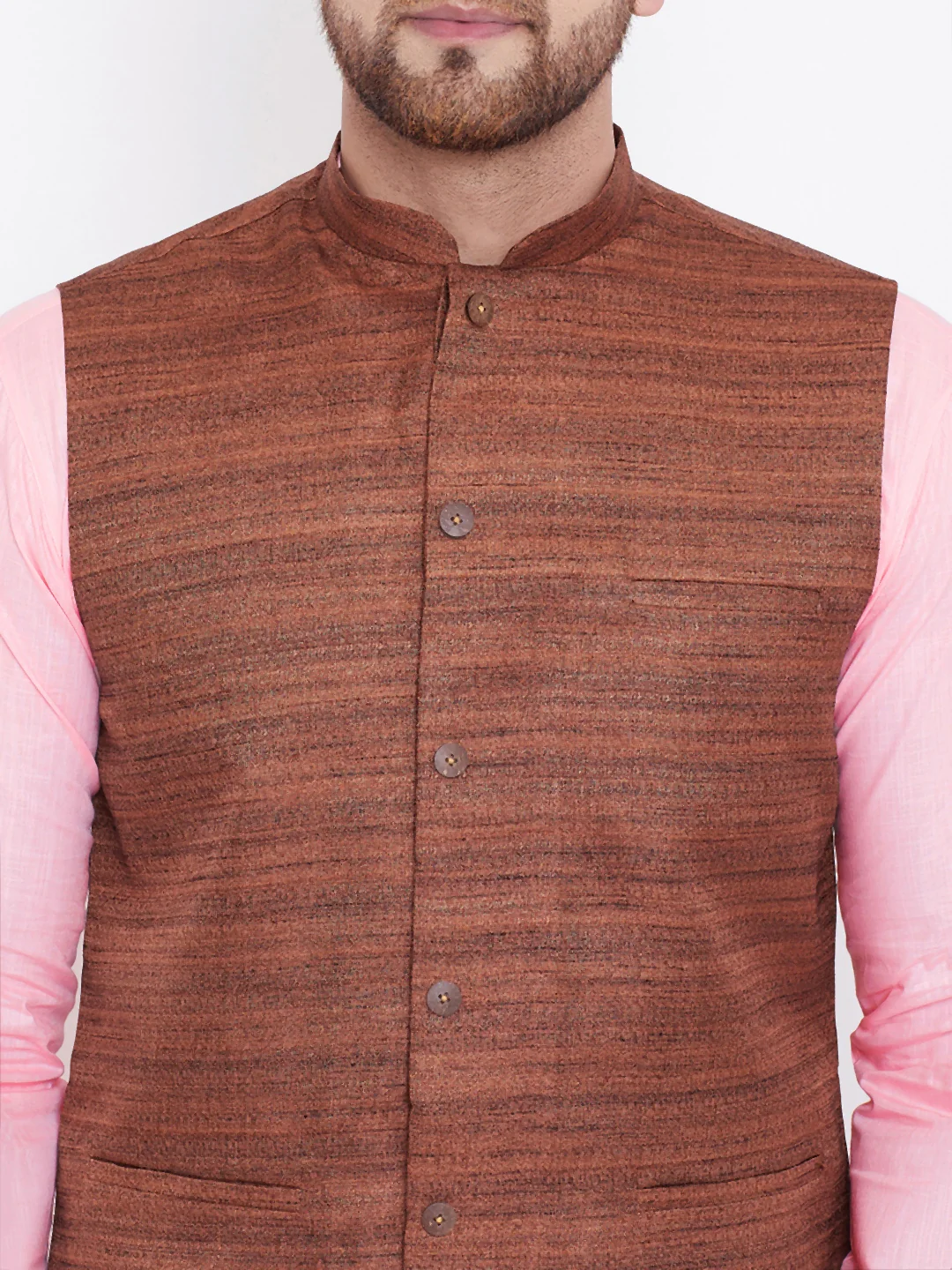 Men's Coffee Brown, Pink And White Cotton Blend Jacket, Kurta And Pyjama Set - Image 4