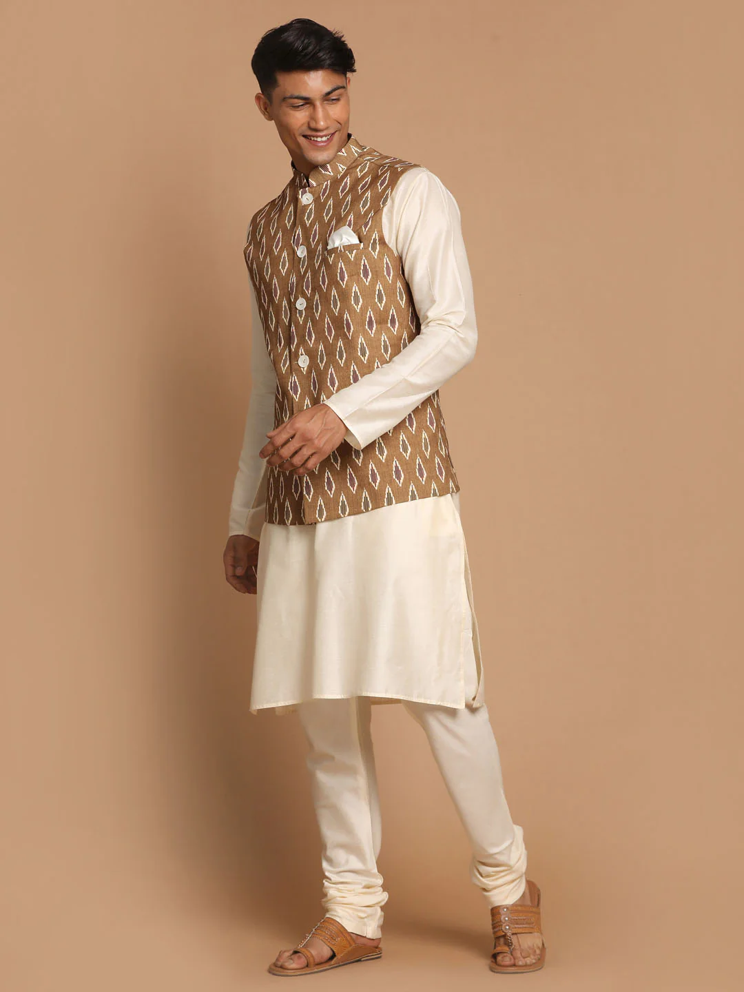 Men's Multicolor-Base-Green Cotton Nehru Jacket With Cream Kurta Pyjama - Image 2