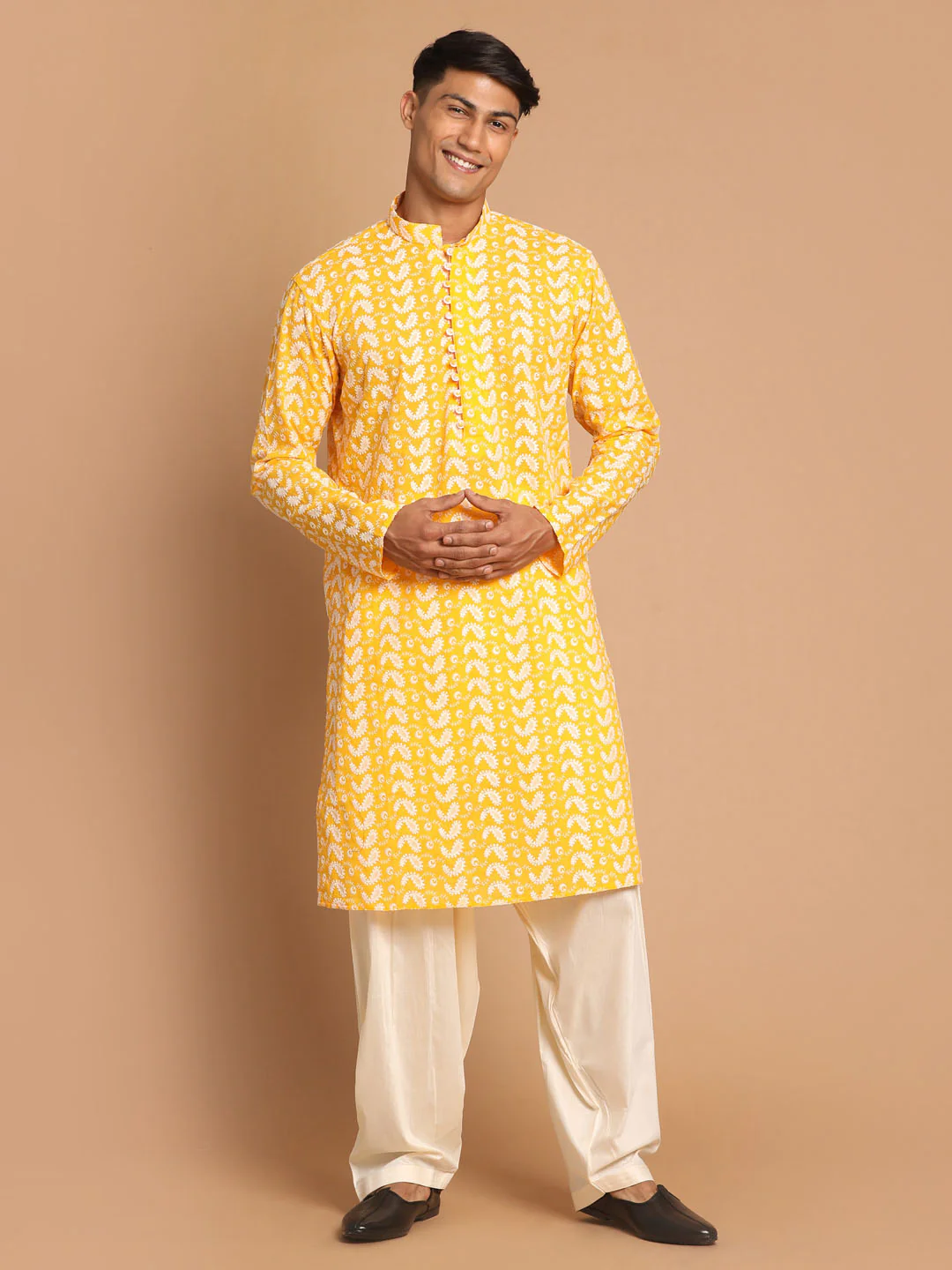 Men's Orange Pure Cotton Chikankari Kurta With Patiala Set