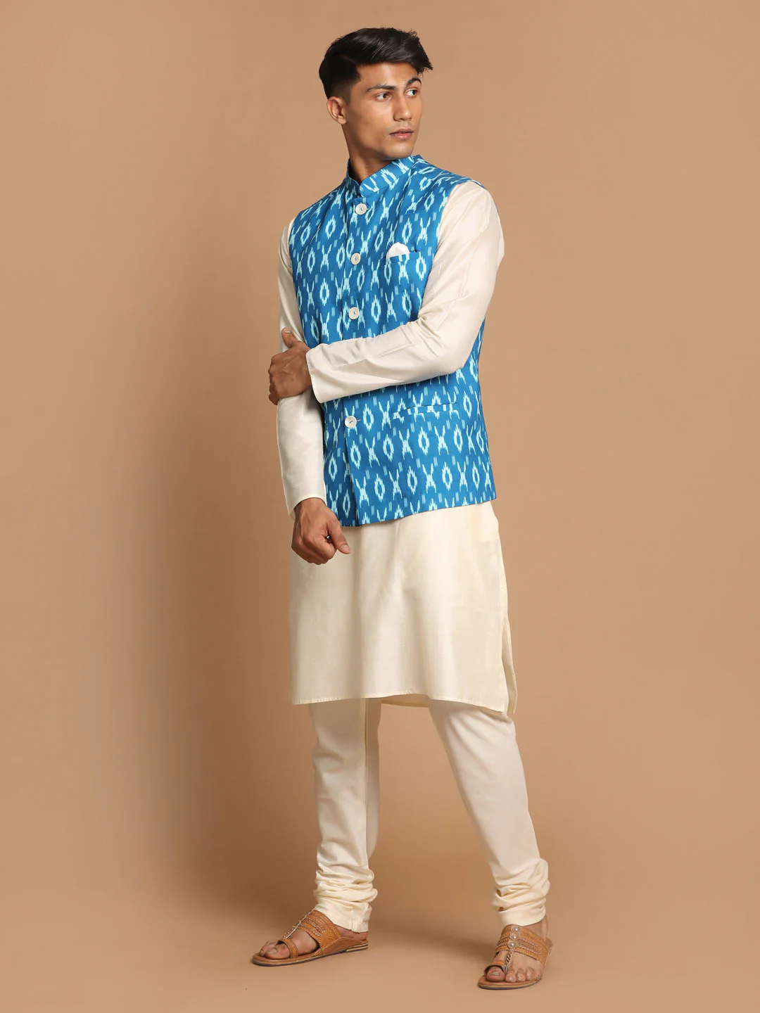 Men's Turquoise Cotton Nehru Jacket  With Cream Kurta And Pyjama Set - Image 2
