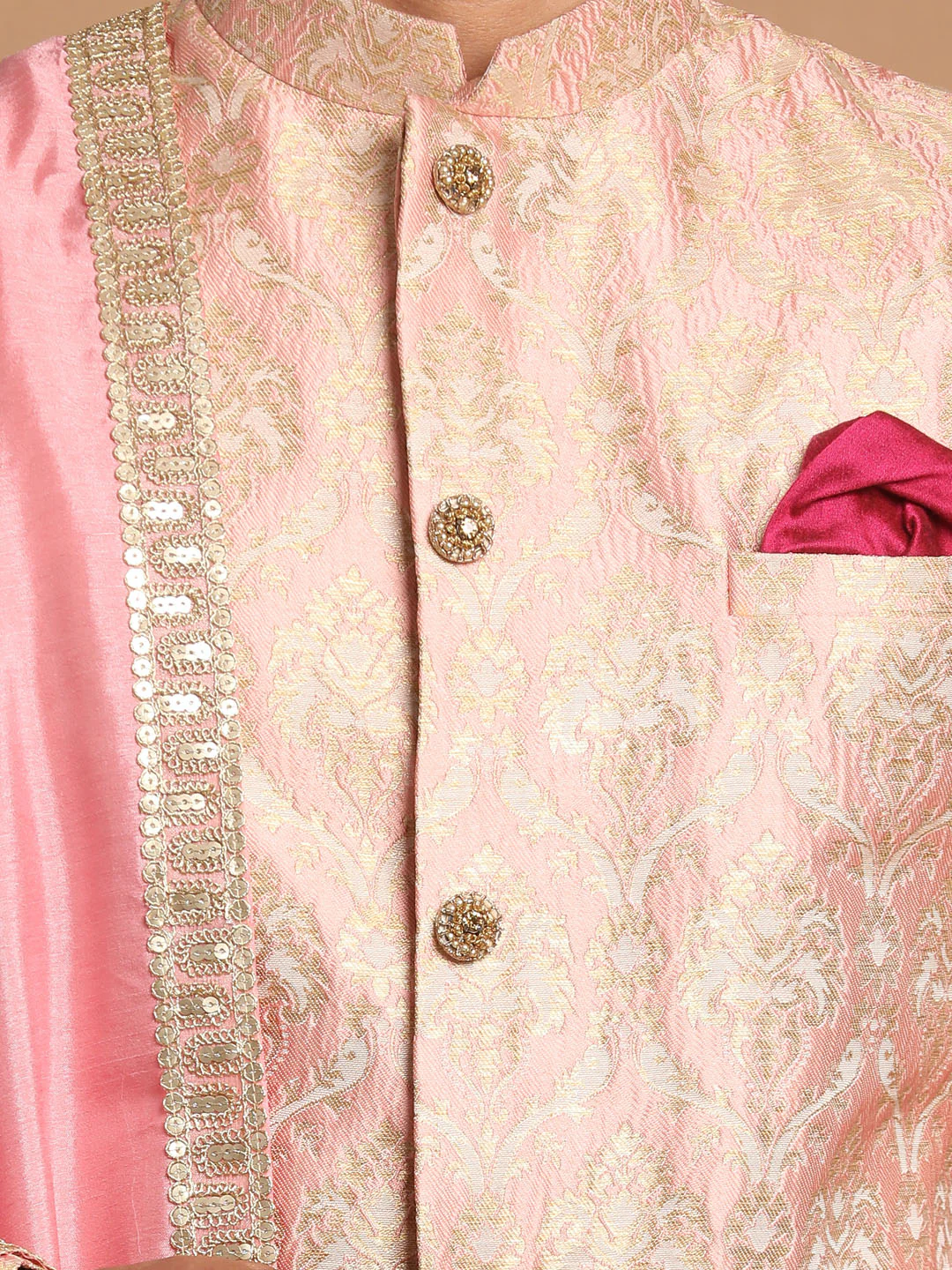 Men's Pink And Gold Silk Blend Sherwani Set With Pink Dupatta - Image 5