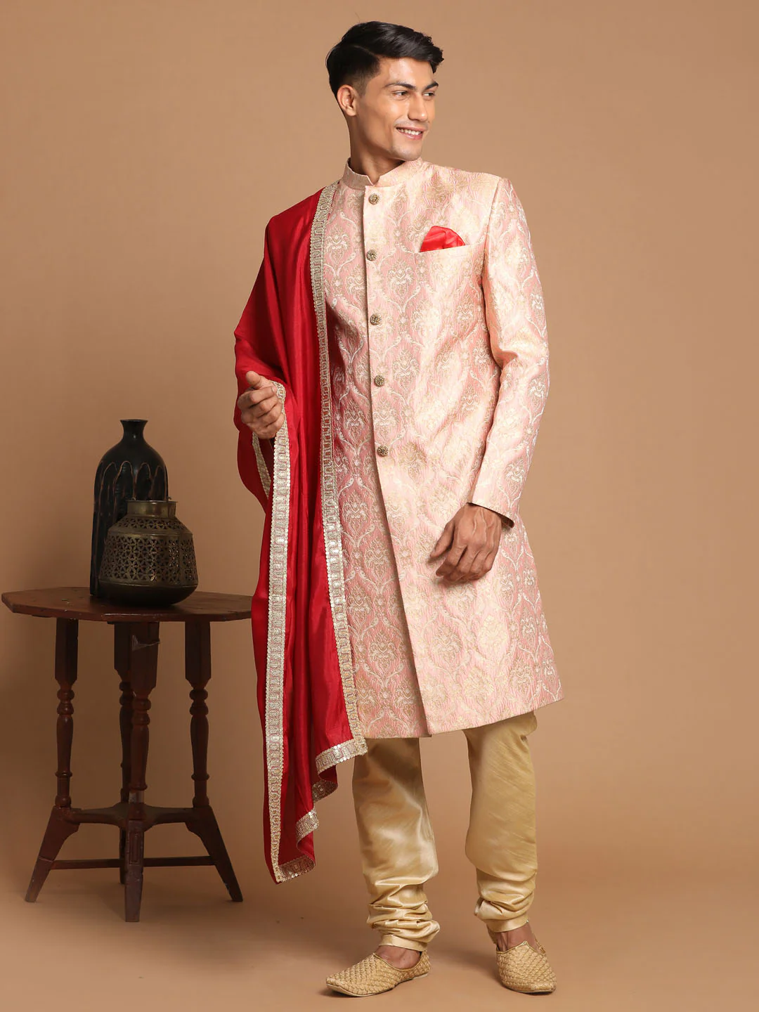 Men's Pink And Gold Silk Blend Sherwani Set With Maroon Dupatta
