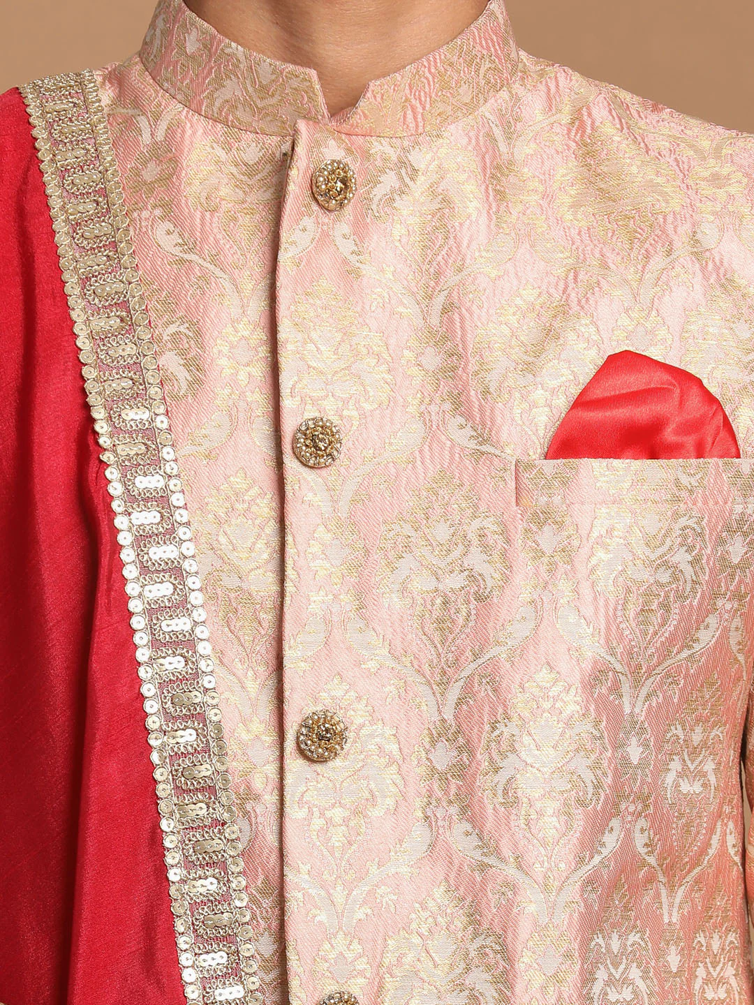 Men's Pink And Gold Silk Blend Sherwani Set With Maroon Dupatta - Image 5
