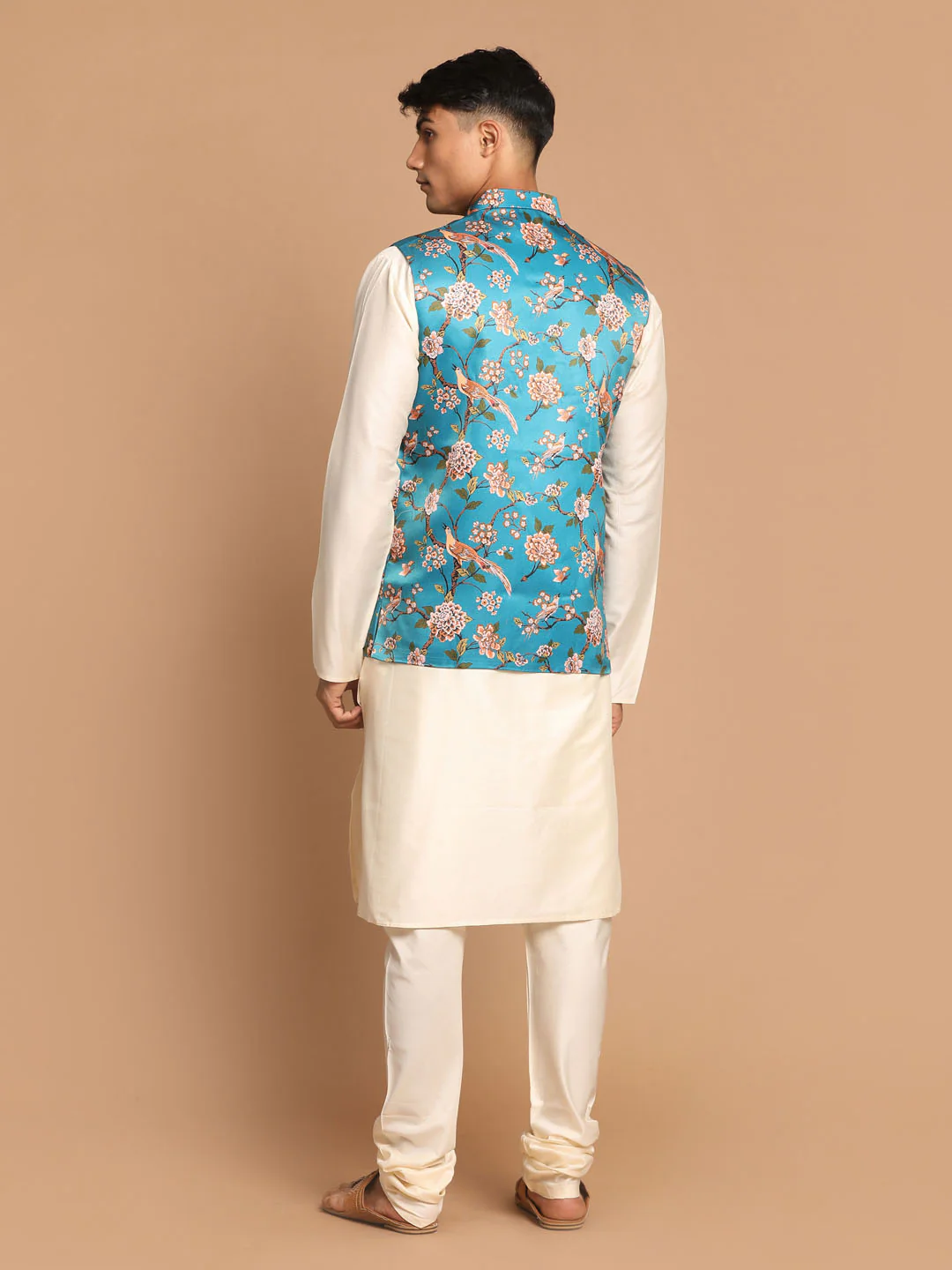 Men's Turquoise Digital Printed Royal Angrakha Nehru Jacket With Cream Kurta Pyjama - Image 3