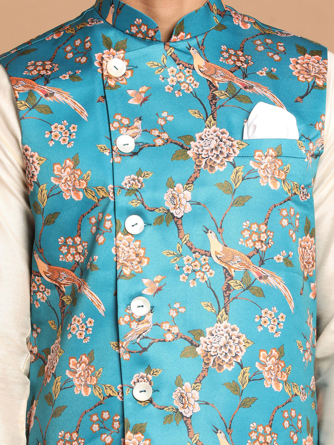 Men's Turquoise Digital Printed Royal Angrakha Nehru Jacket With Cream Kurta Pyjama - Image 4