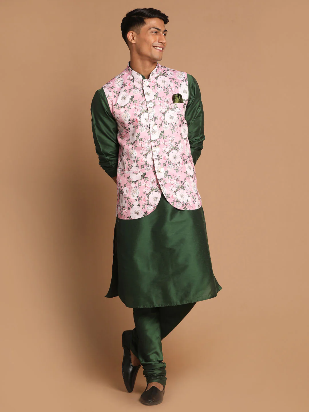 Men's Pink Floral Printed Ethnic Jacket With Green Cotton Silk Blend Kurta Pyjama