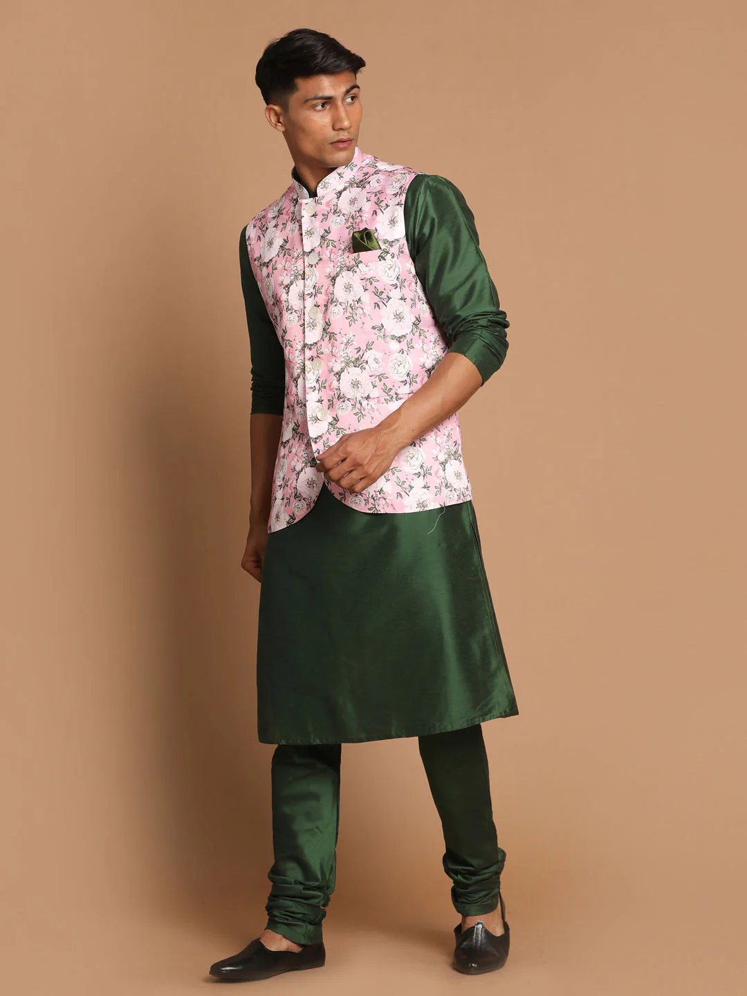 Men's Pink Floral Printed Ethnic Jacket With Green Cotton Silk Blend Kurta Pyjama - Image 2