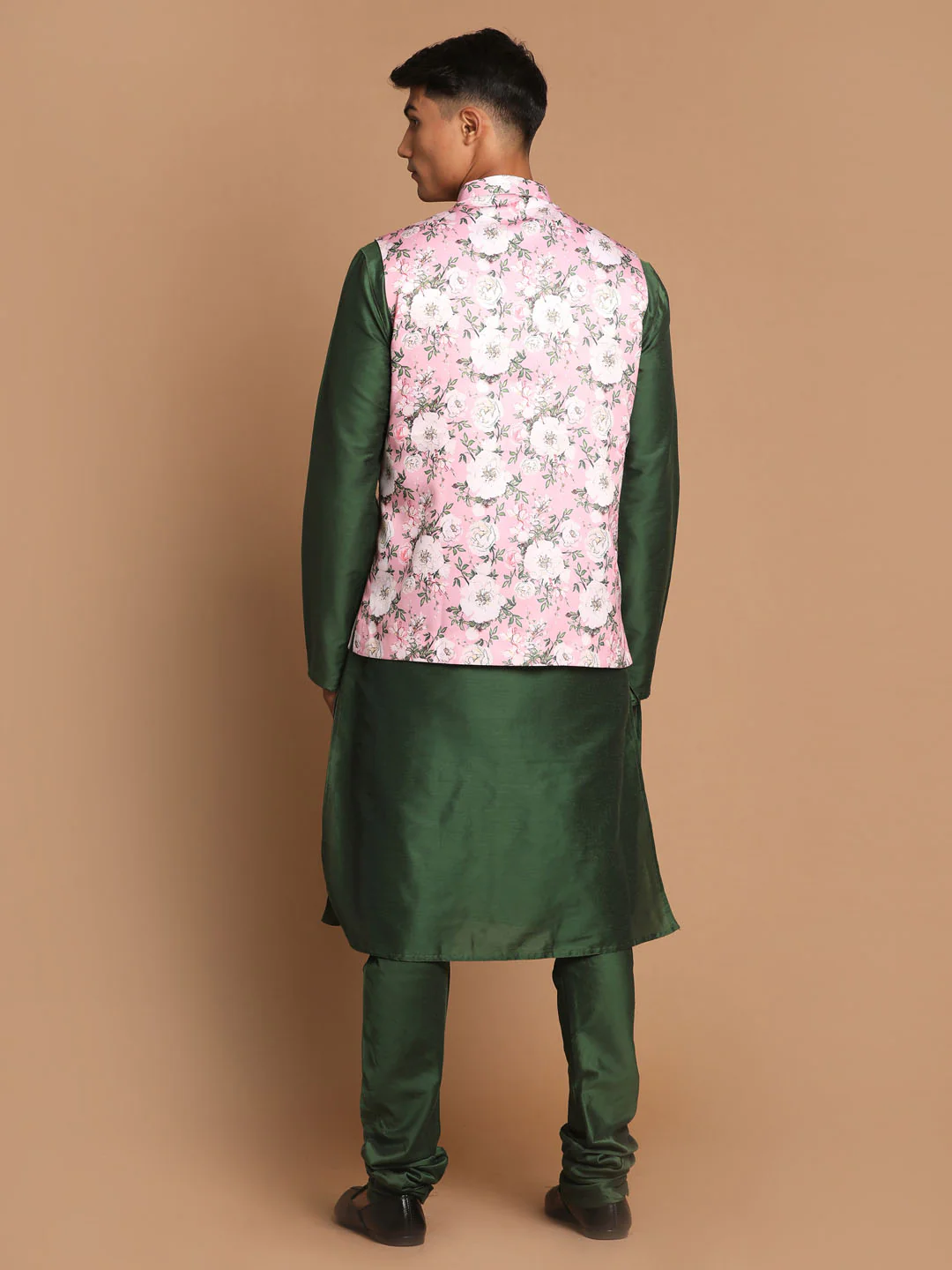 Men's Pink Floral Printed Ethnic Jacket With Green Cotton Silk Blend Kurta Pyjama - Image 3
