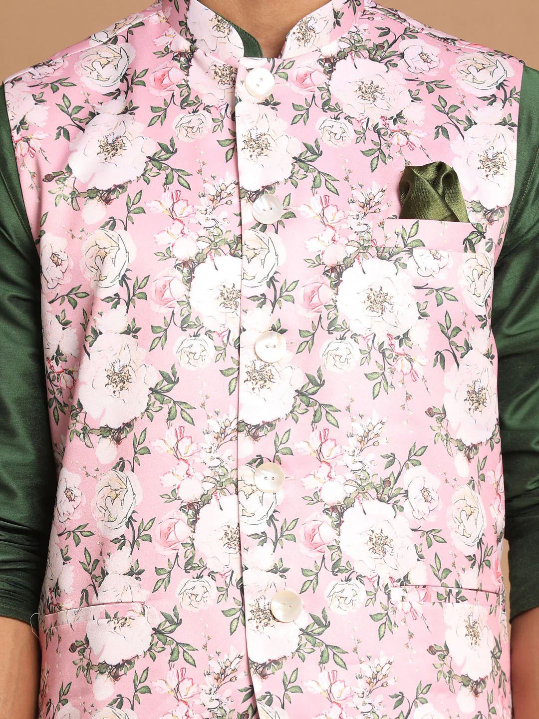Men's Pink Floral Printed Ethnic Jacket With Green Cotton Silk Blend Kurta Pyjama - Image 4