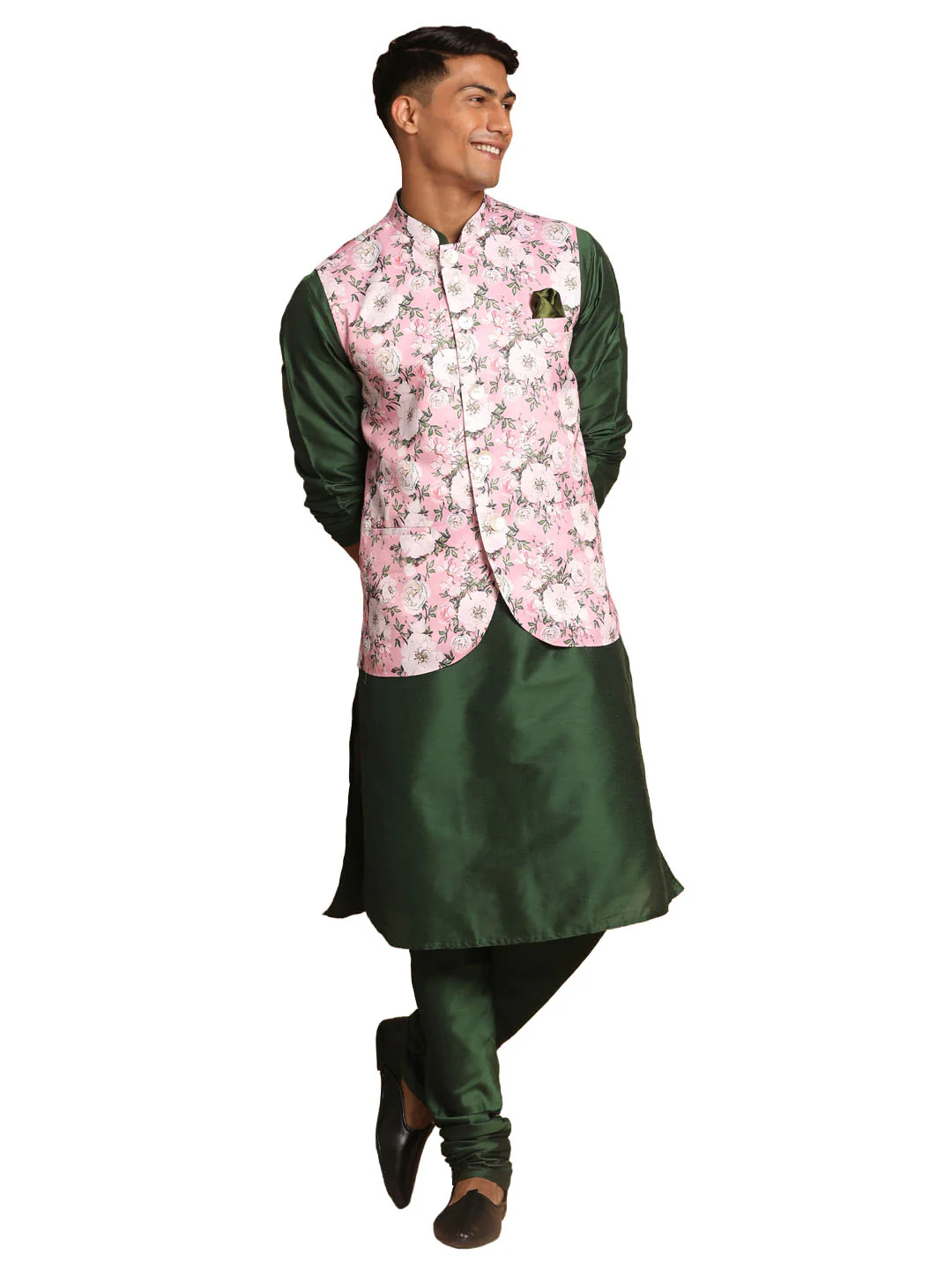 Men's Pink Floral Printed Ethnic Jacket With Green Cotton Silk Blend Kurta Pyjama - Image 7