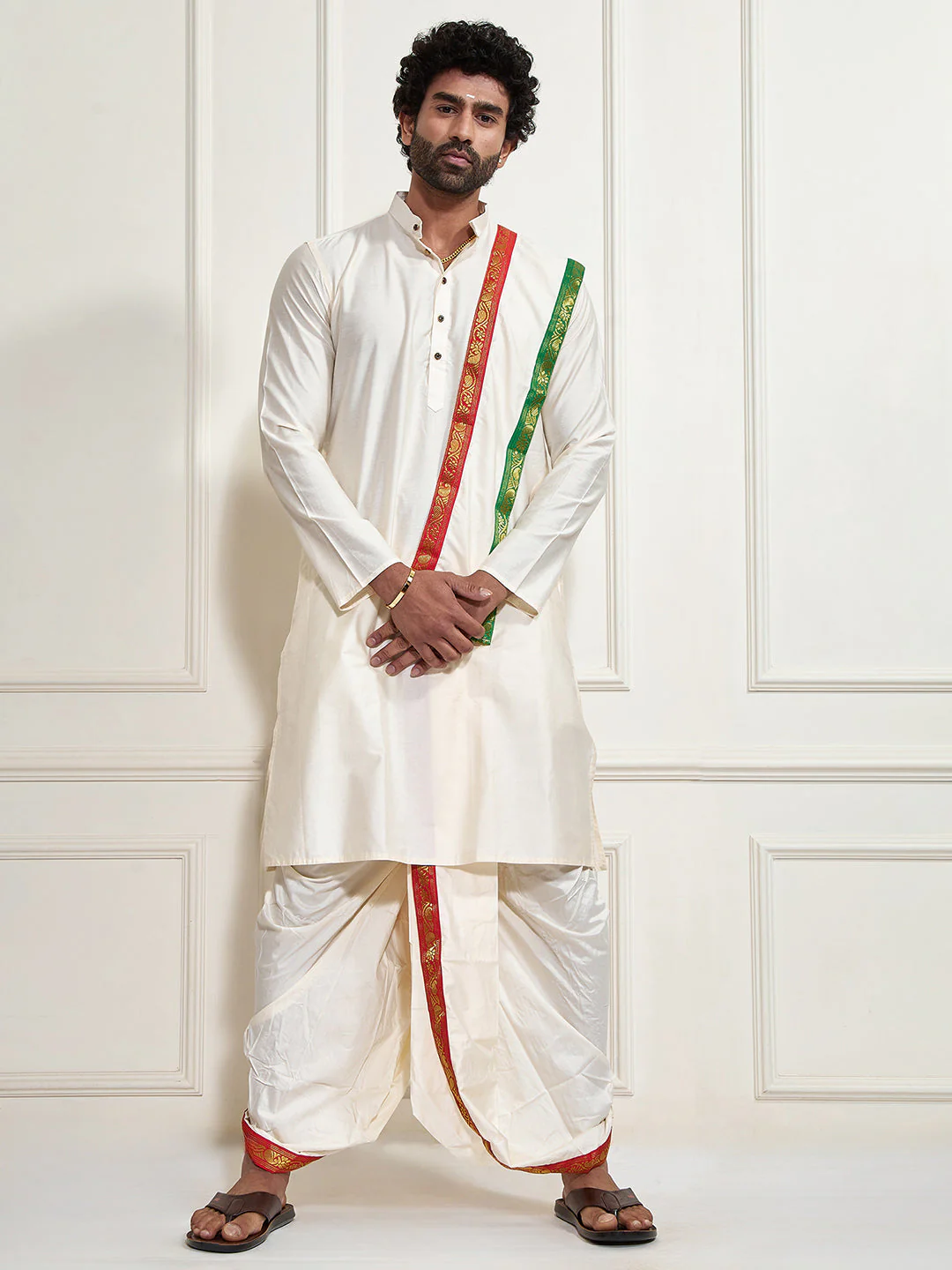 Men's Cream Cotton Blend Kurta Dhoti And Dupatta Set - Image 2