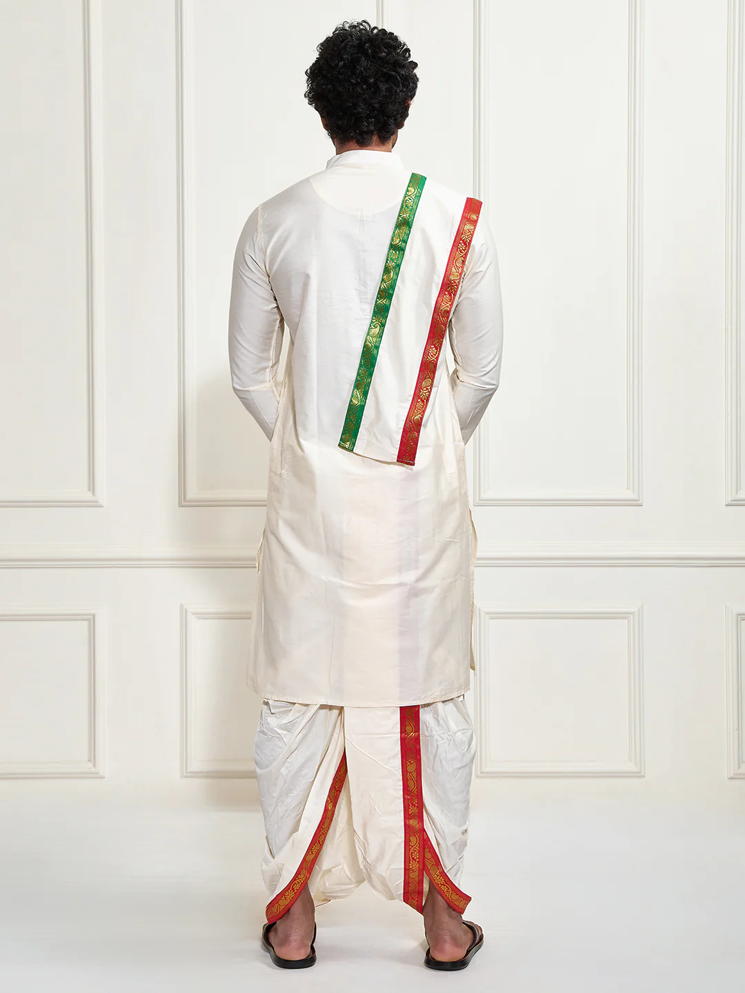 Men's Cream Cotton Blend Kurta Dhoti And Dupatta Set - Image 5