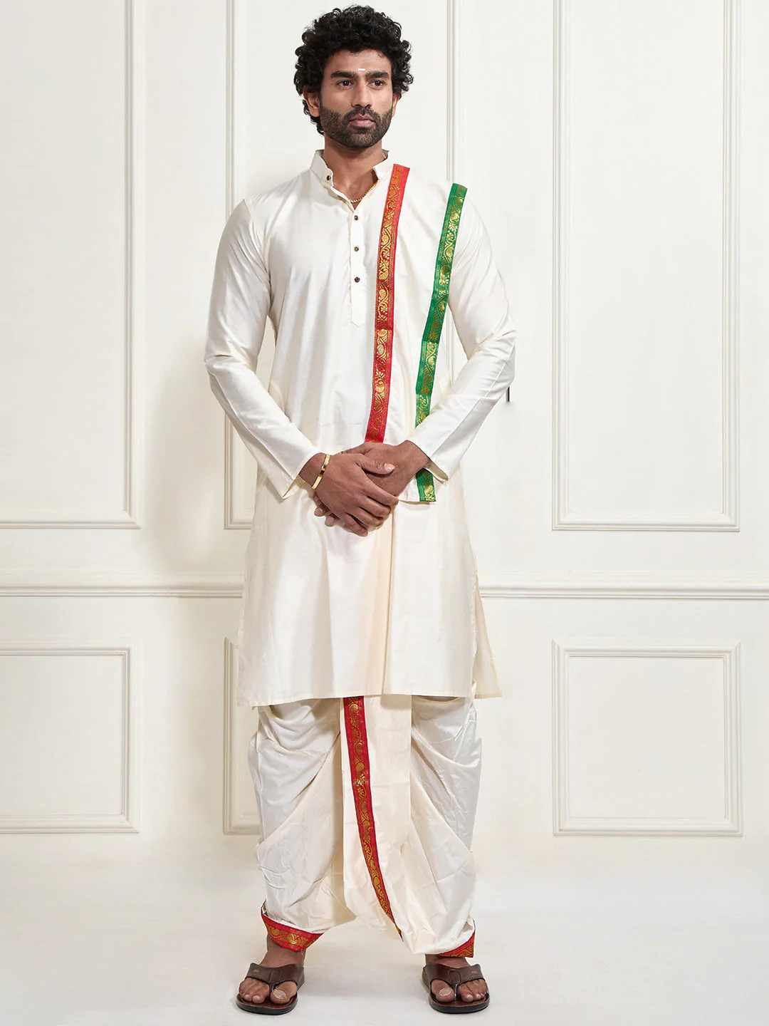 Men's Cream Cotton Blend Kurta Dhoti And Dupatta Set - Image 7