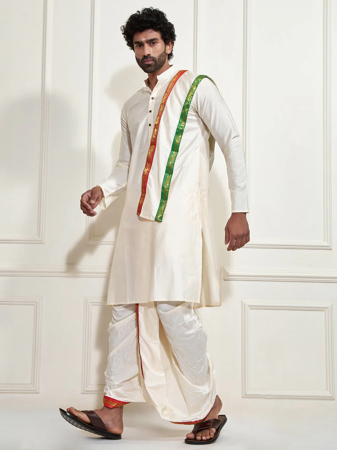 Men's Cream Cotton Blend Kurta Dhoti And Dupatta Set - Image 8