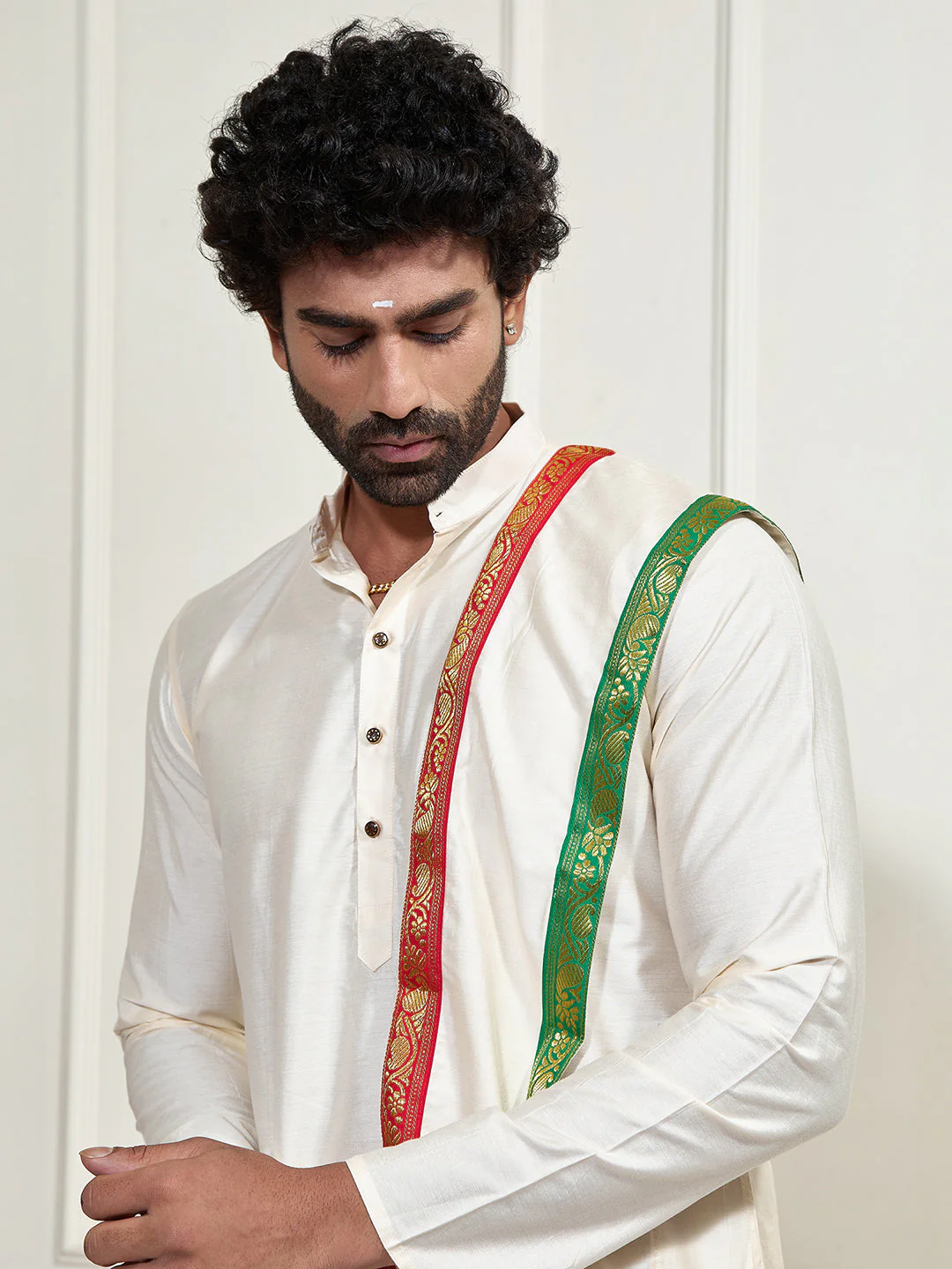 Men's Cream Cotton Blend Kurta Dhoti And Dupatta Set - Image 9
