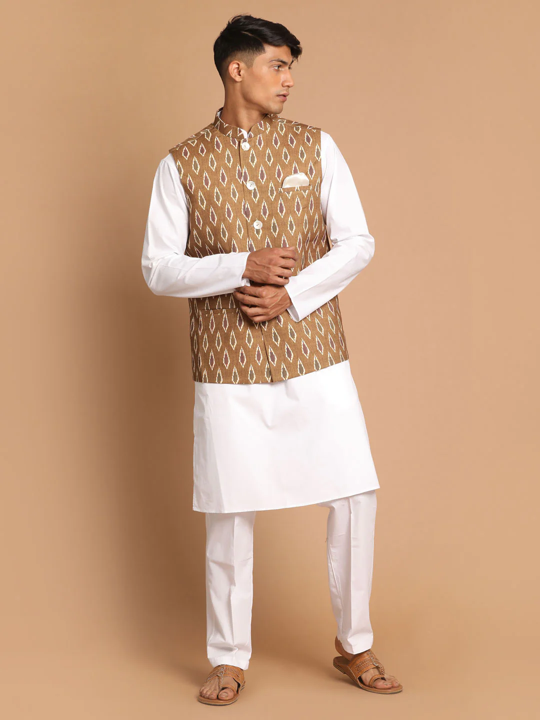 Men's Multicolour-Base-Green Cotton Nehru Jacket  With White Pant