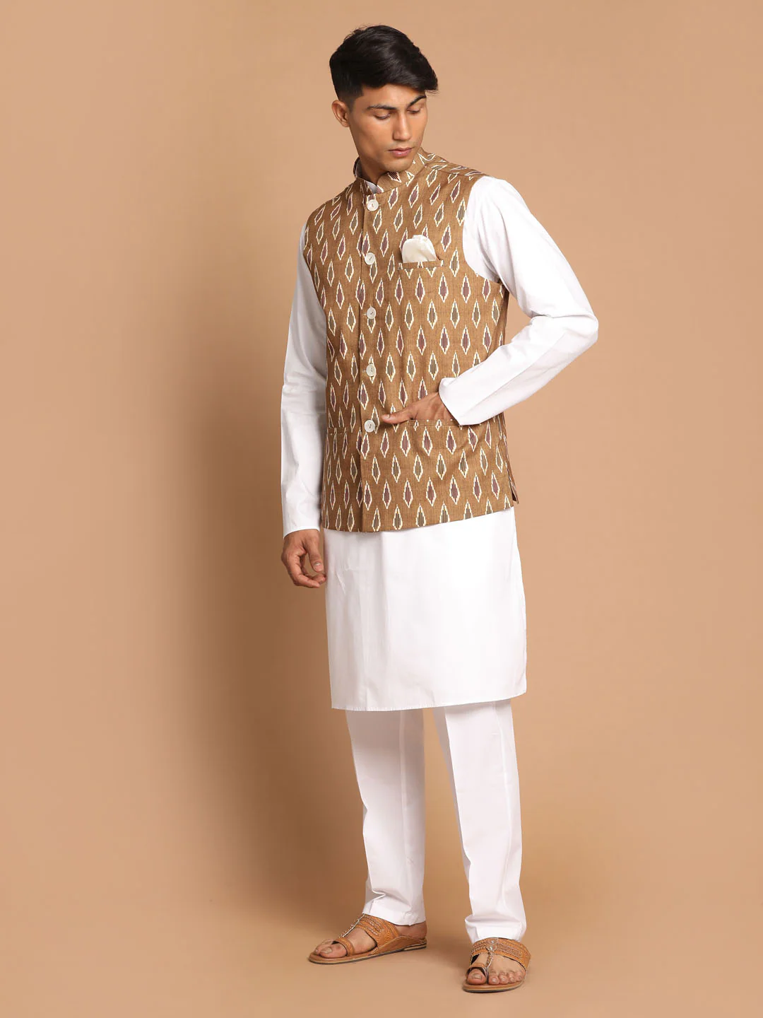 Men's Multicolour-Base-Green Cotton Nehru Jacket  With White Pant - Image 2
