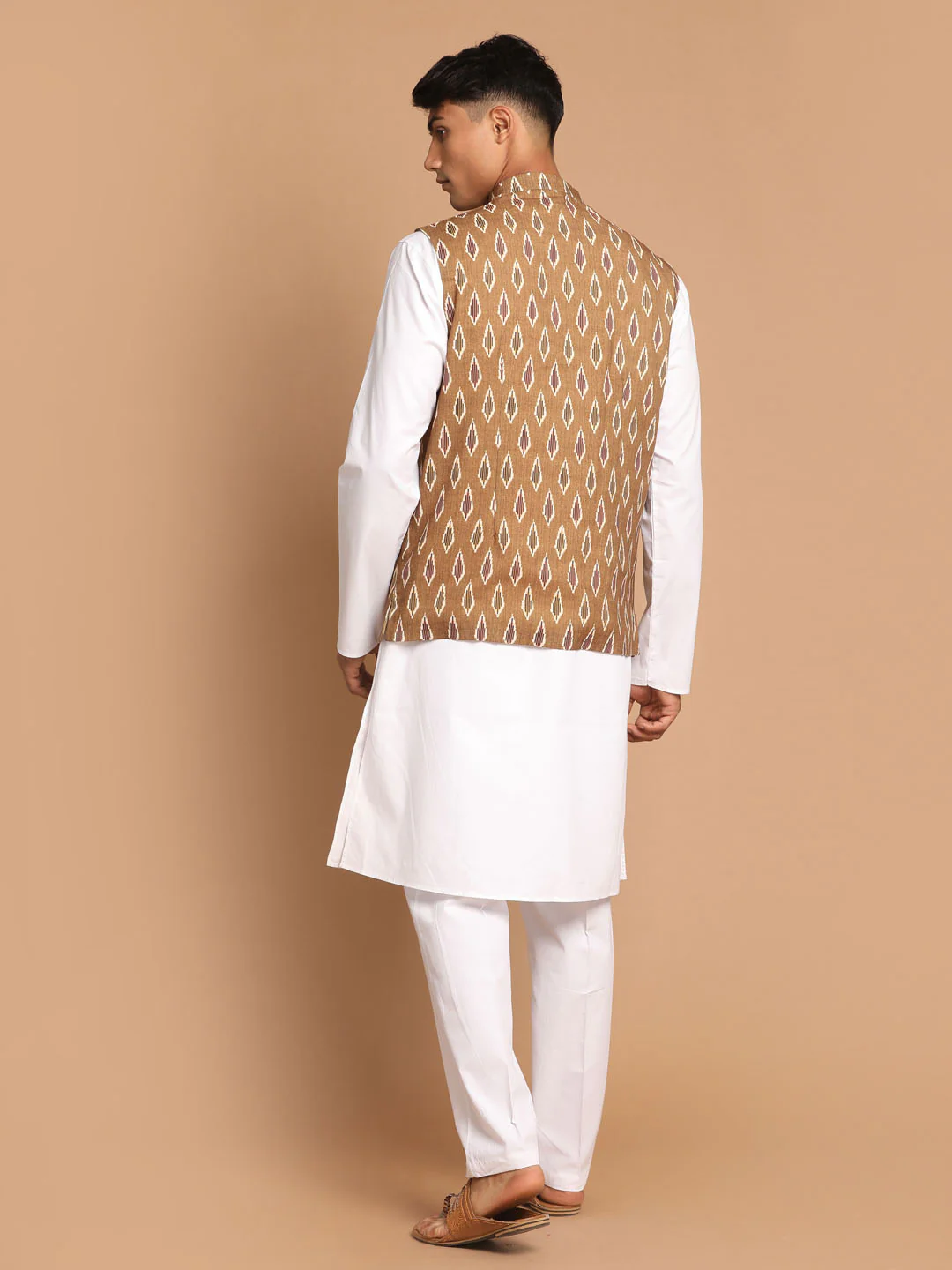 Men's Multicolour-Base-Green Cotton Nehru Jacket  With White Pant - Image 3