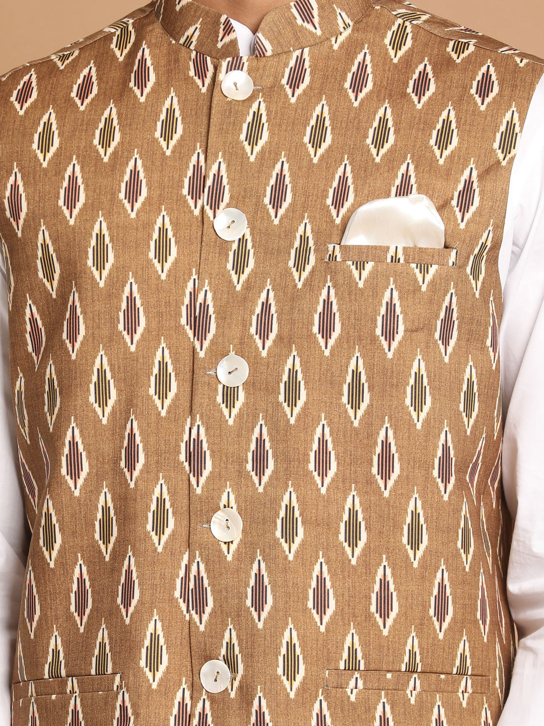 Men's Multicolour-Base-Green Cotton Nehru Jacket  With White Pant - Image 4