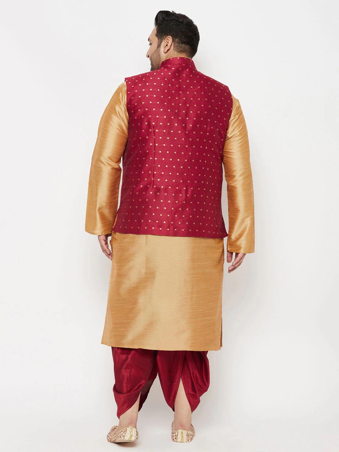 Plus Men's Maroon Zari Weaved Nehru Jacket With Kurta Dhoti Set - Image 3