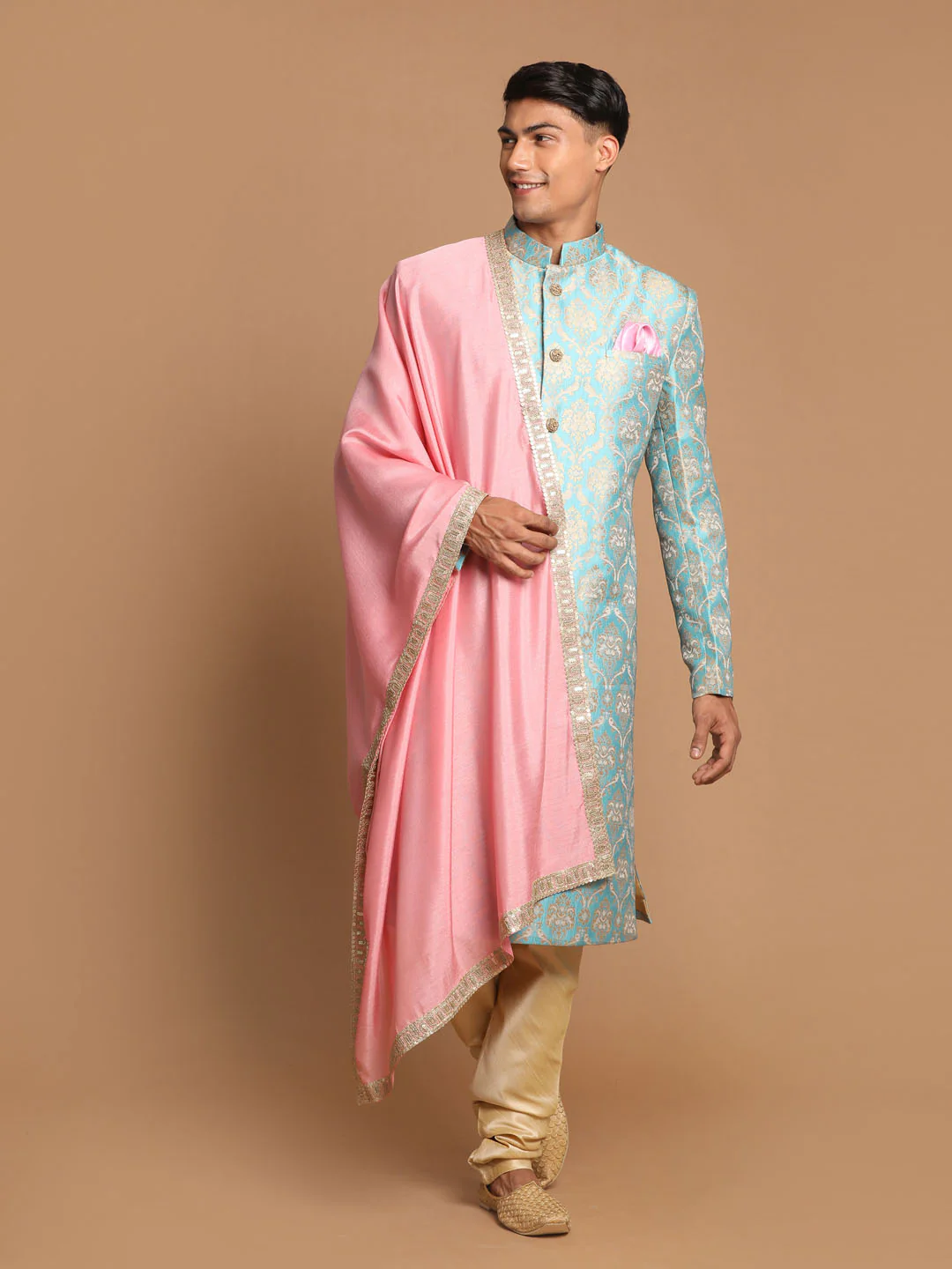 Men's Sea Green And Gold Brocade Jacquard Sherwani Set With Pink Dupatta - Image 2