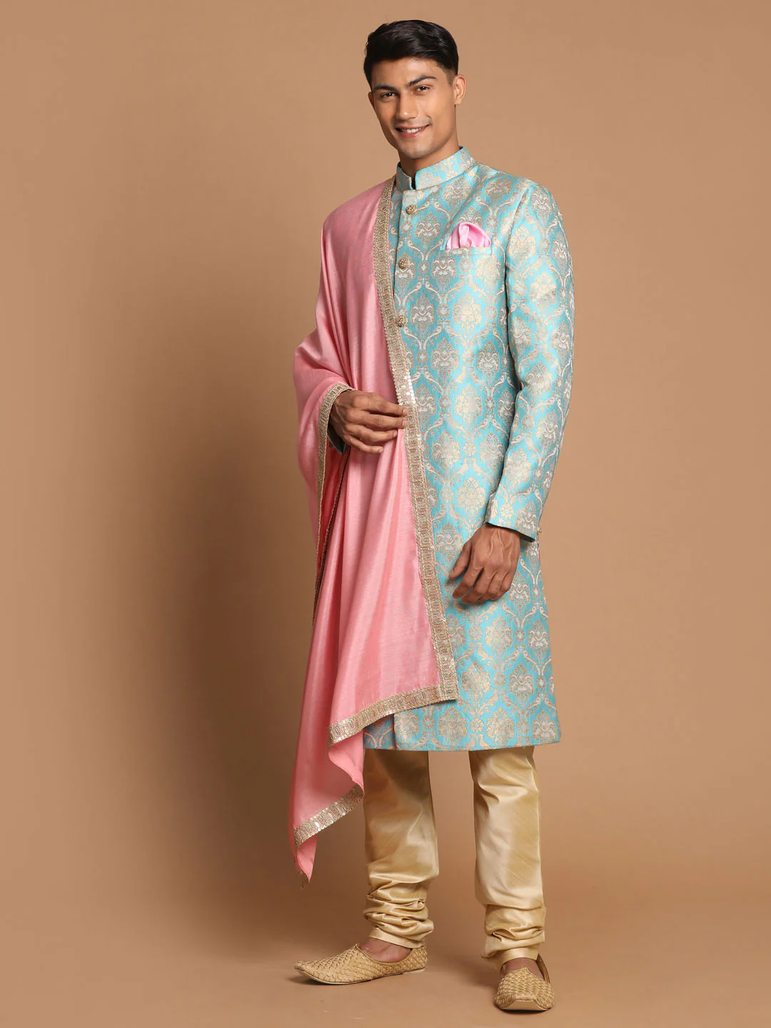 Men's Sea Green And Gold Brocade Jacquard Sherwani Set With Pink Dupatta - Image 3