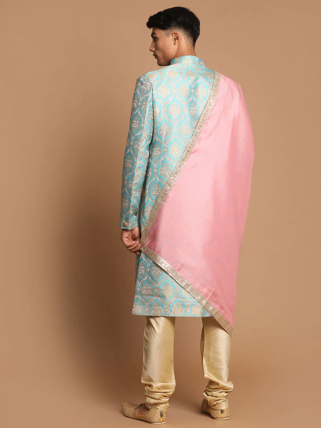 Men's Sea Green And Gold Brocade Jacquard Sherwani Set With Pink Dupatta - Image 4