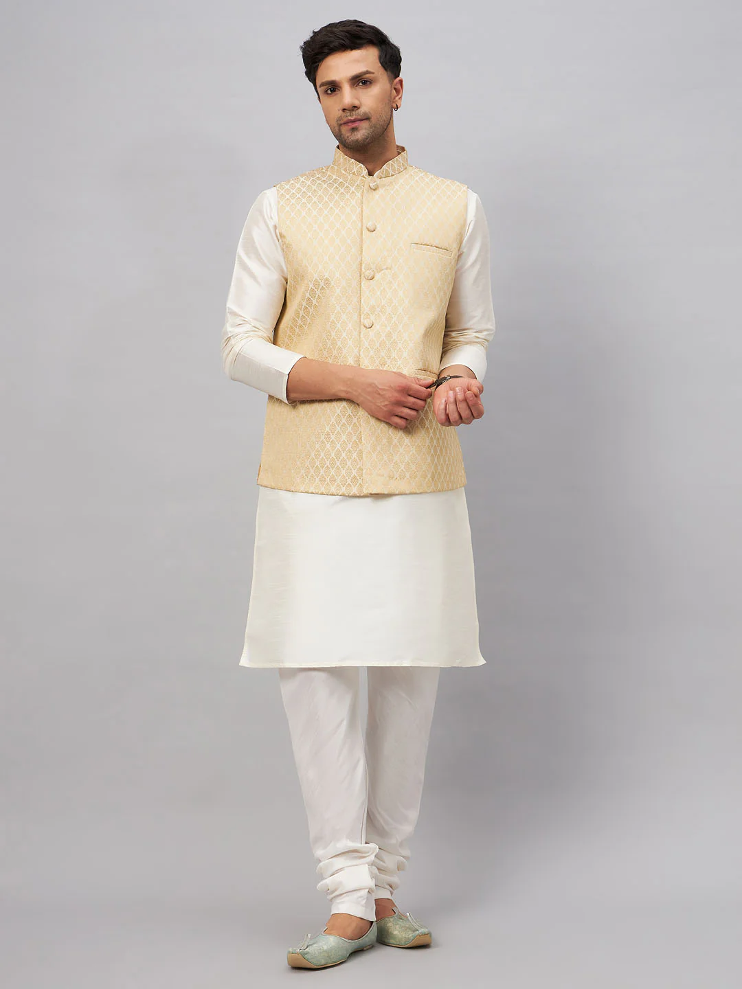 Men's Cream Silk Blend Jacket With Kurta Pyjama Set - Image 7