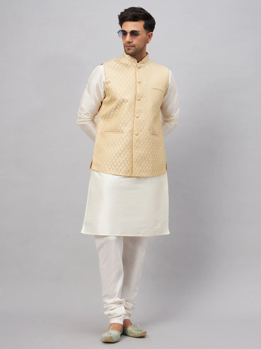 Men's Cream Silk Blend Jacket With Kurta Pyjama Set - Image 8
