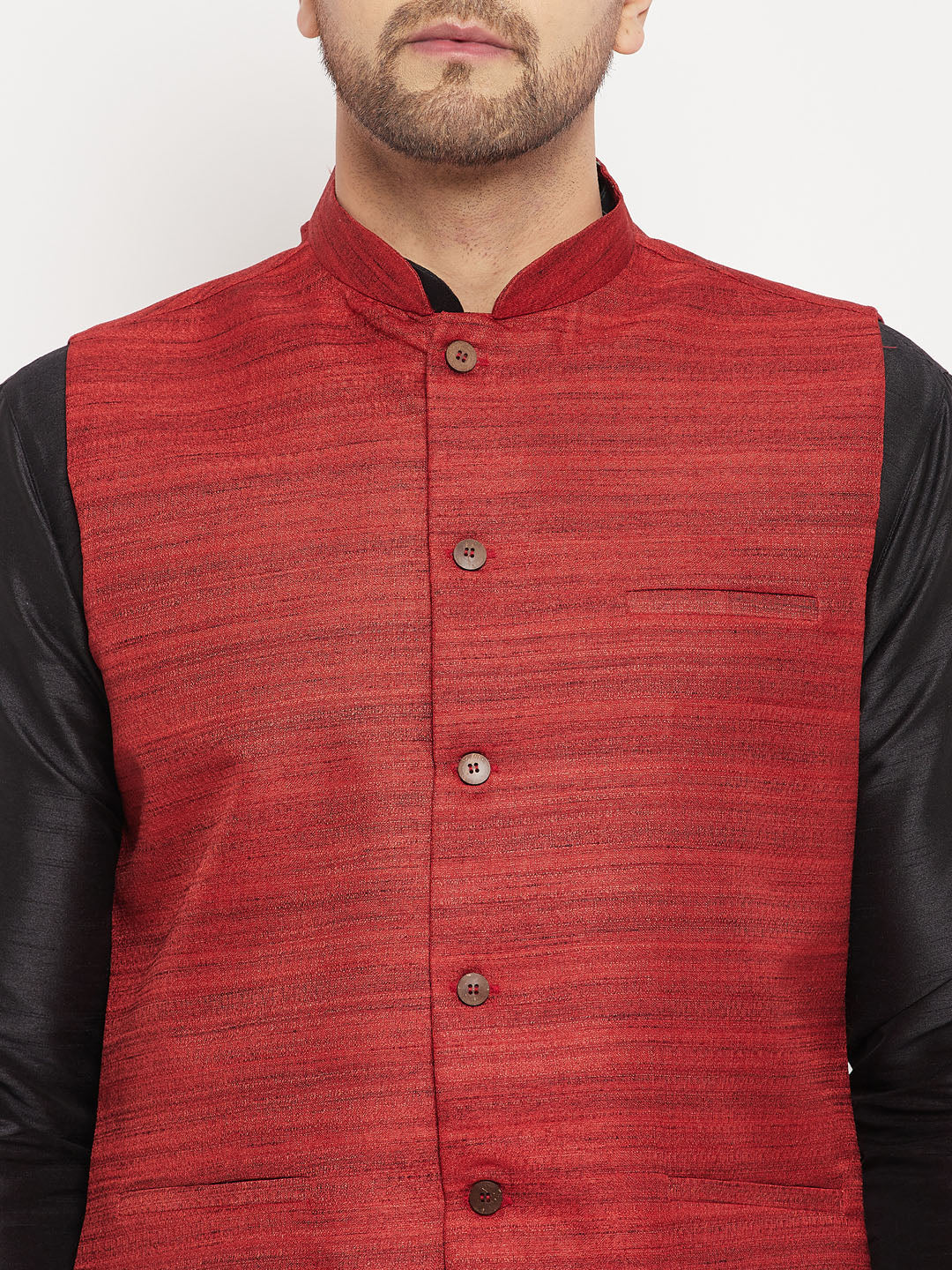 Men's Maroon Matka Silk Nehru Jacket With Black Silk Blend Kurta And Pant Style Pyjama Set - Image 4