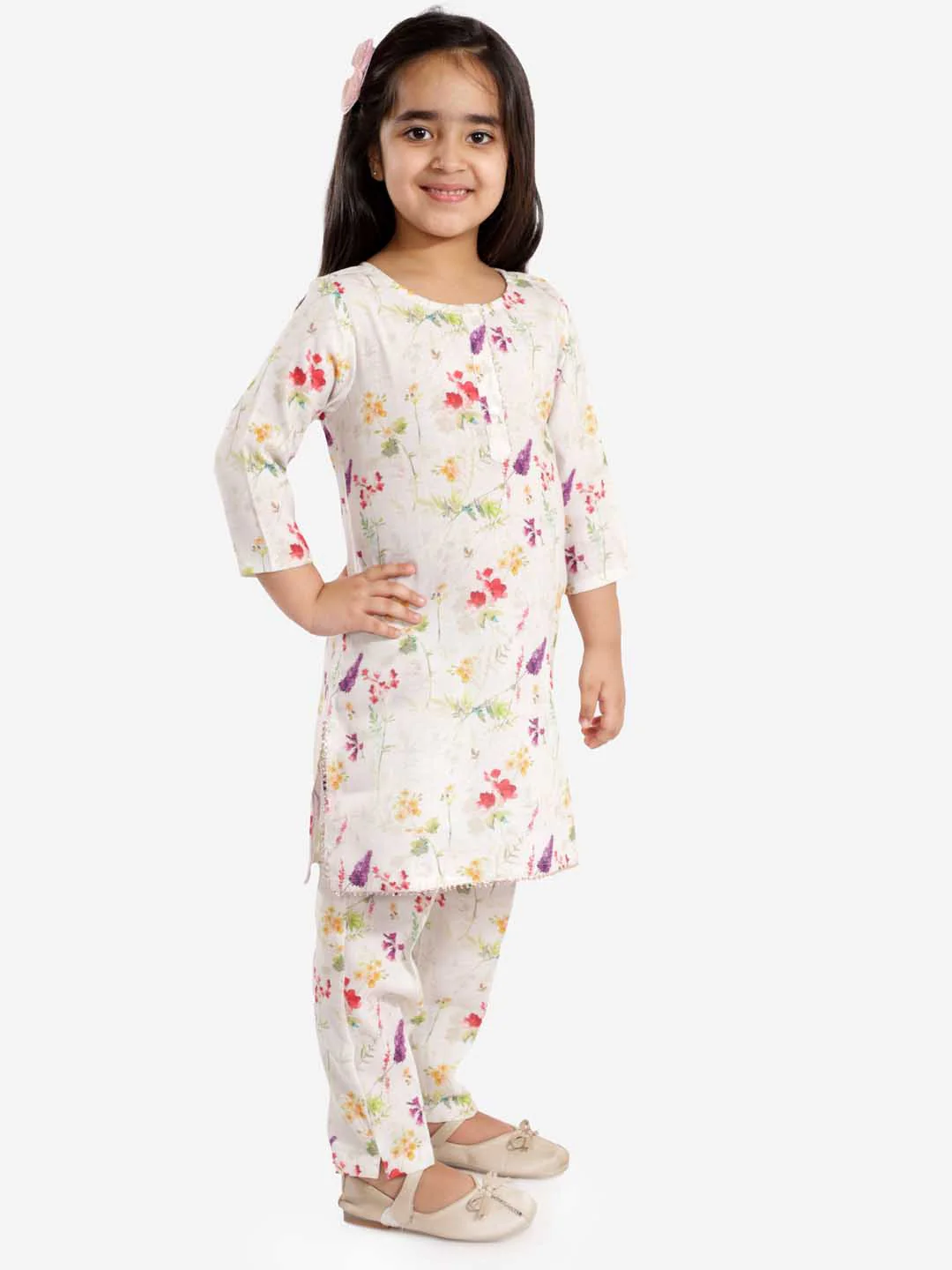 Girl's' Multicolor-Base Cream Kurta Pant Set - Image 3