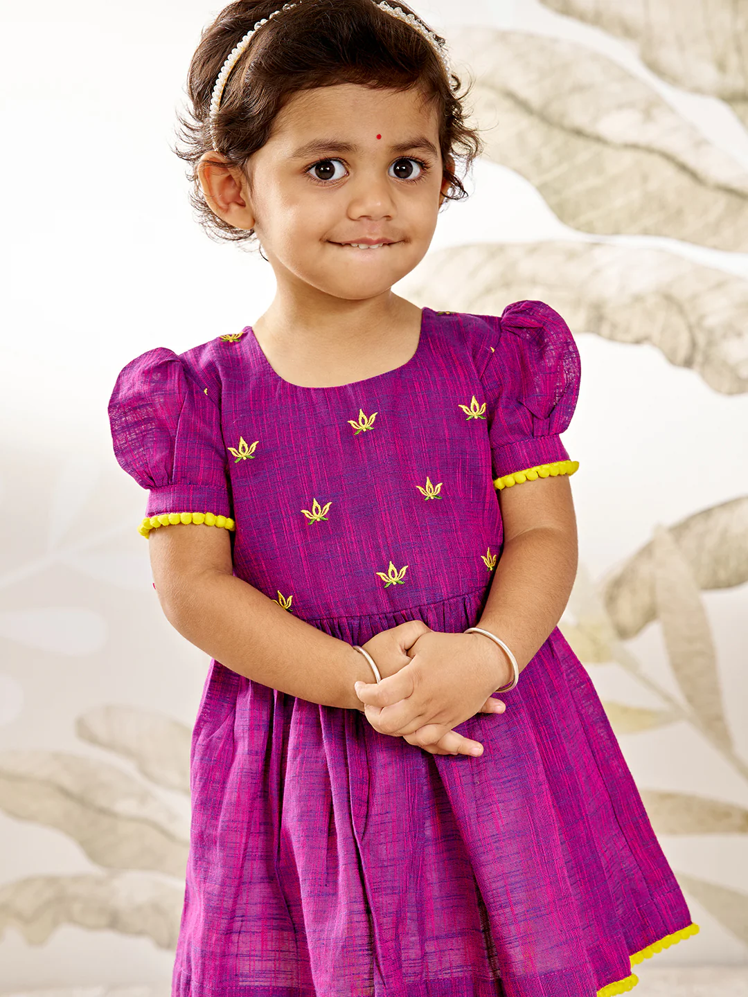 Girl's Purple Yellow Floral Kurta Dhoti Set - Image 2