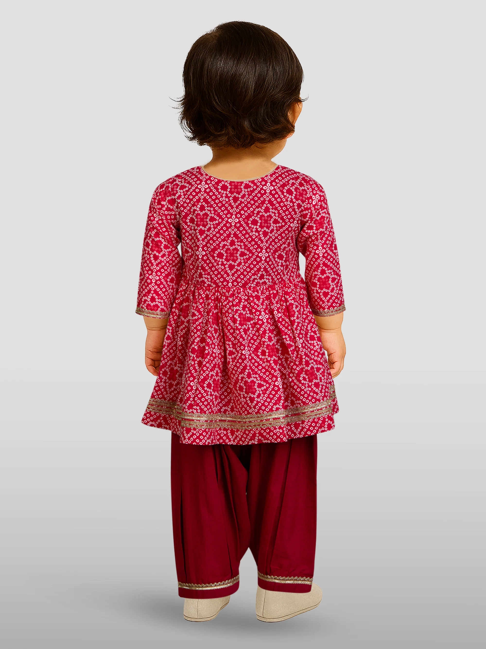 Girls Red Cotton Bandhani Kurta Patiala Set with Digital Print - Image 4