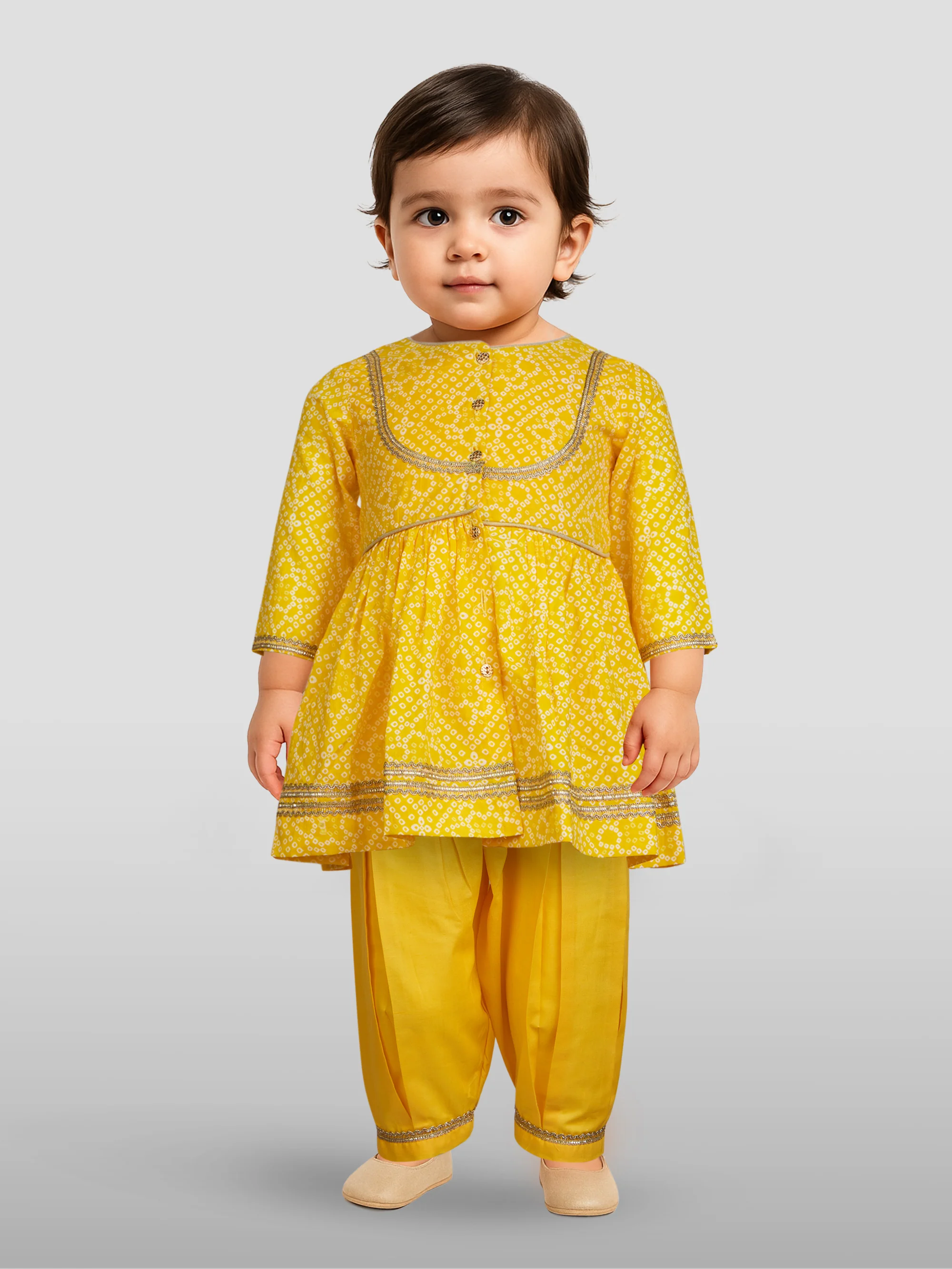 Girls Yellow Cotton Bandhani Kurta Patiala Set with Digital Print - Image 3