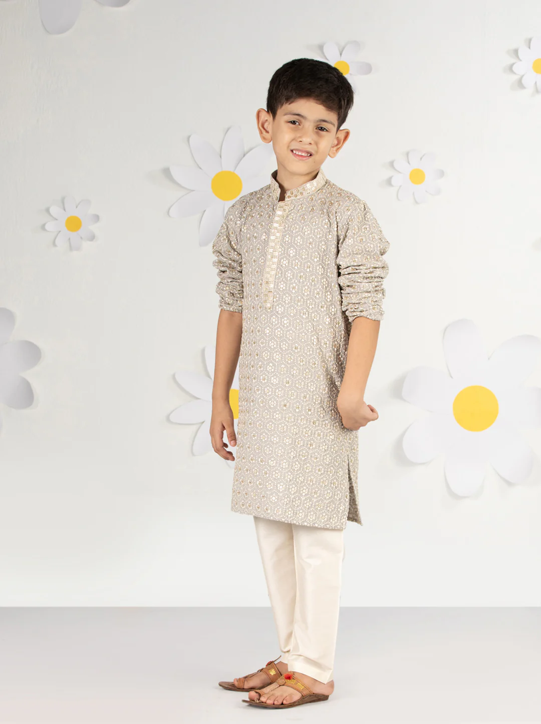 Boy's Grey Kurta Pyjama Set With Sequin Embroidery - Image 3