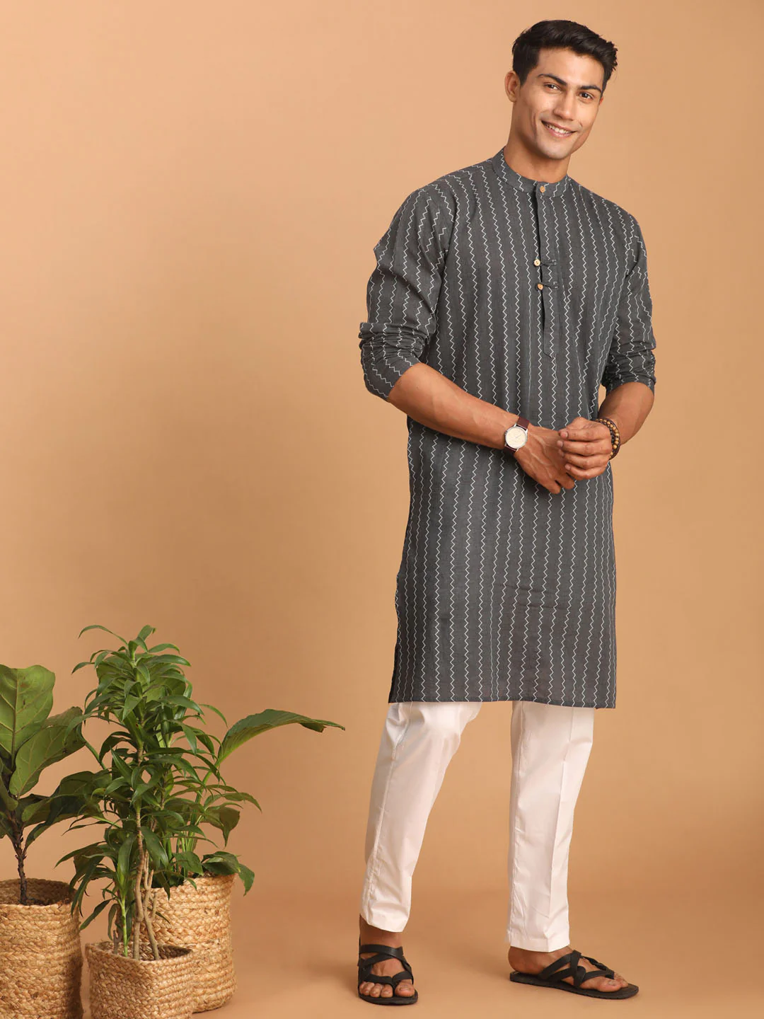 Men's Grey Jacquard Zig Zag Cotton Kurta With Pant Set - Image 6