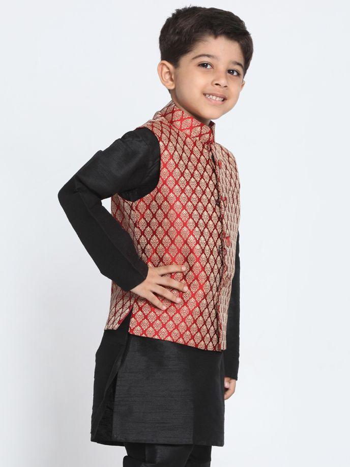 Boys' Maroon Cotton Silk Blend Nehru Jacket - Image 2