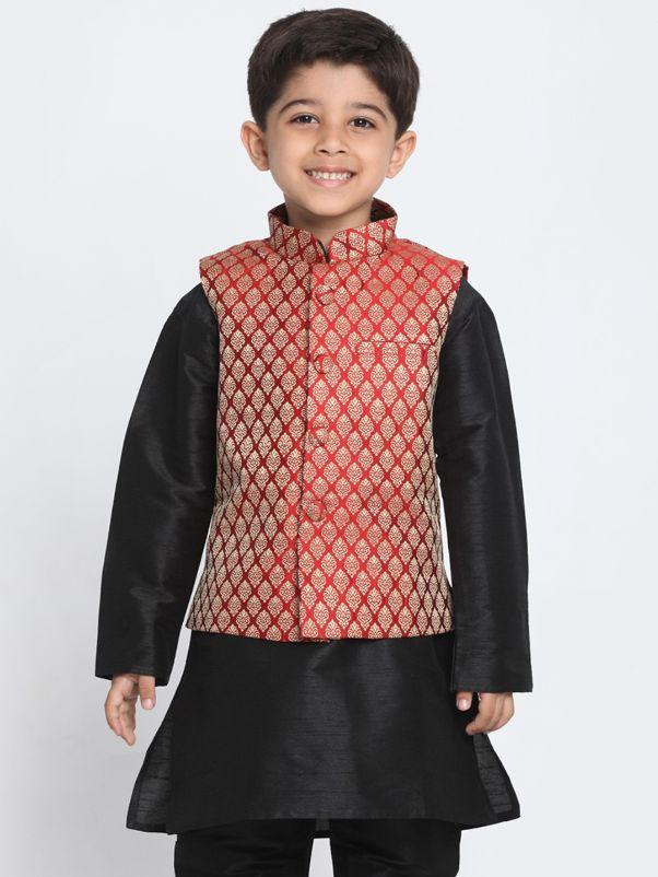 Boys' Maroon Cotton Silk Blend Nehru Jacket - Image 6