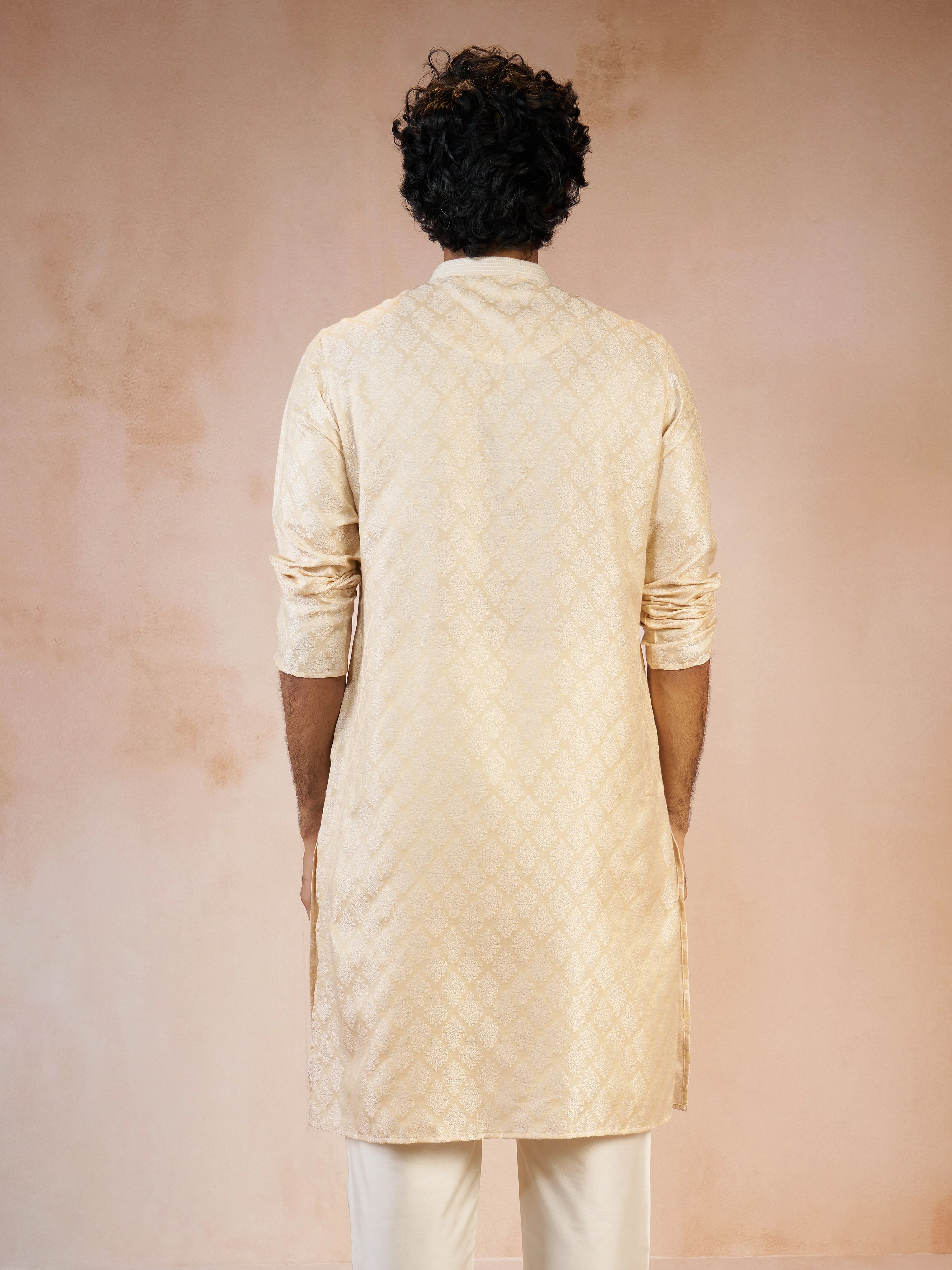 Men's Beige Jacquard Geometric Thread Embroidered Silk Blend Straight Kurta - Image 5