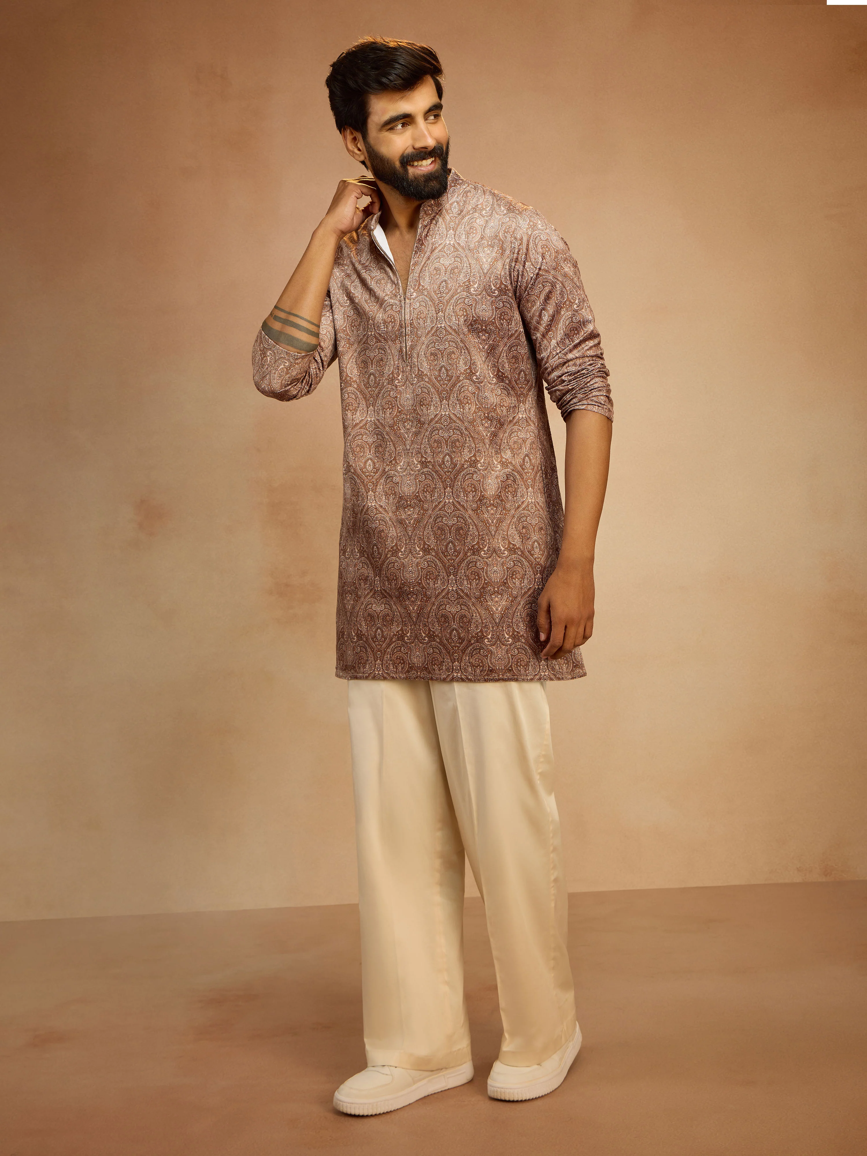 Men's Beige Velvet Digital Print Abstract Kurta with Cream Wide Leg Palazzo Pant Set - Image 3
