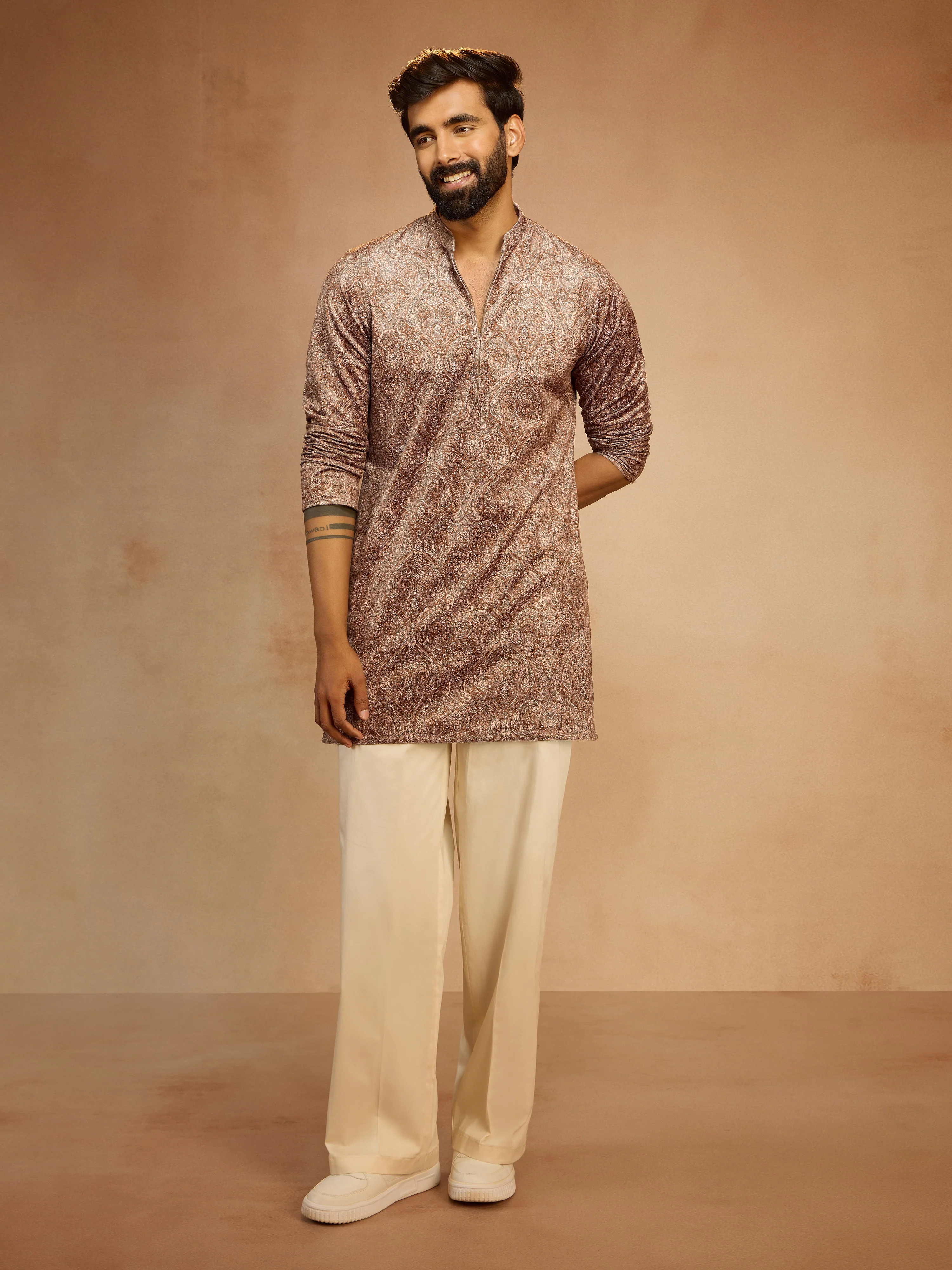 Men's Beige Velvet Digital Print Abstract Kurta with Cream Wide Leg Palazzo Pant Set - Image 4