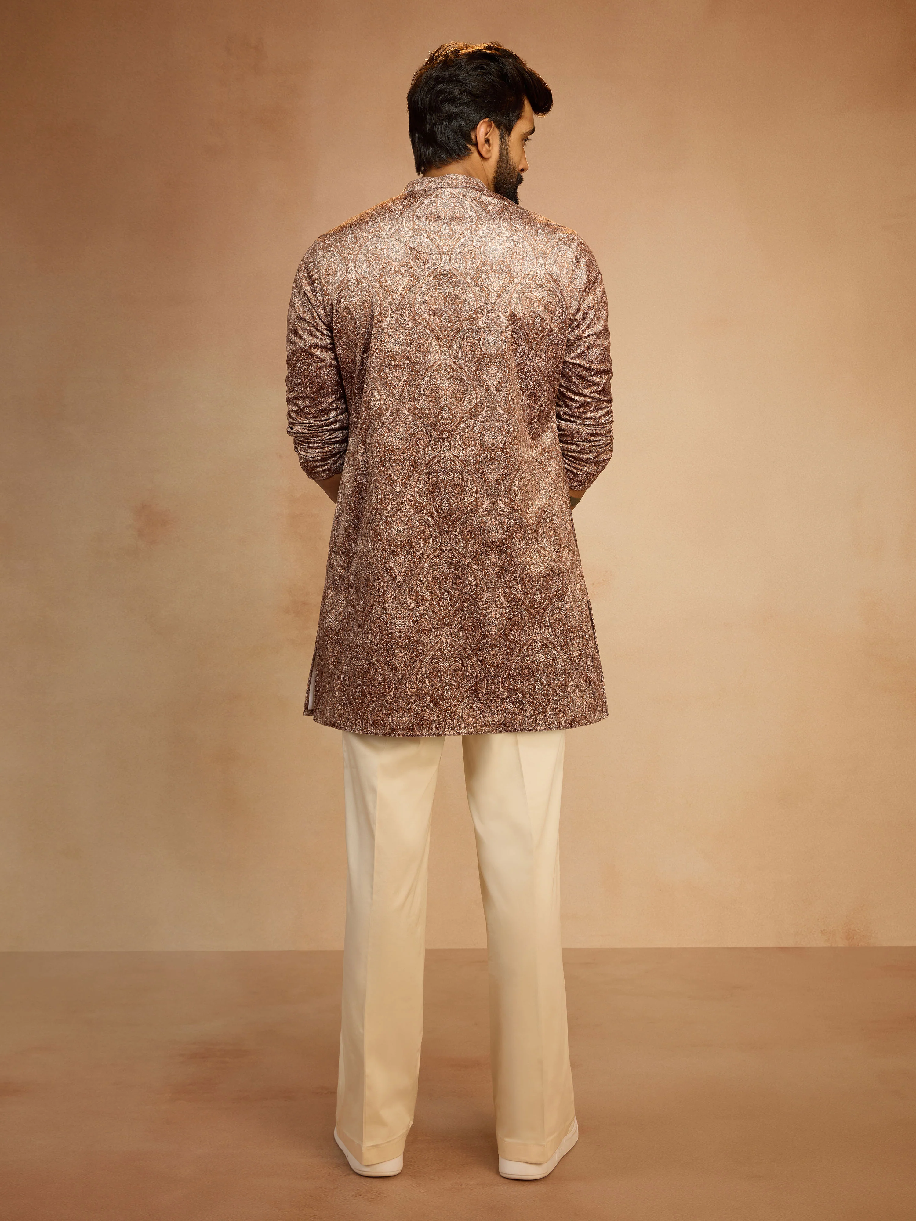 Men's Beige Velvet Digital Print Abstract Kurta with Cream Wide Leg Palazzo Pant Set - Image 5