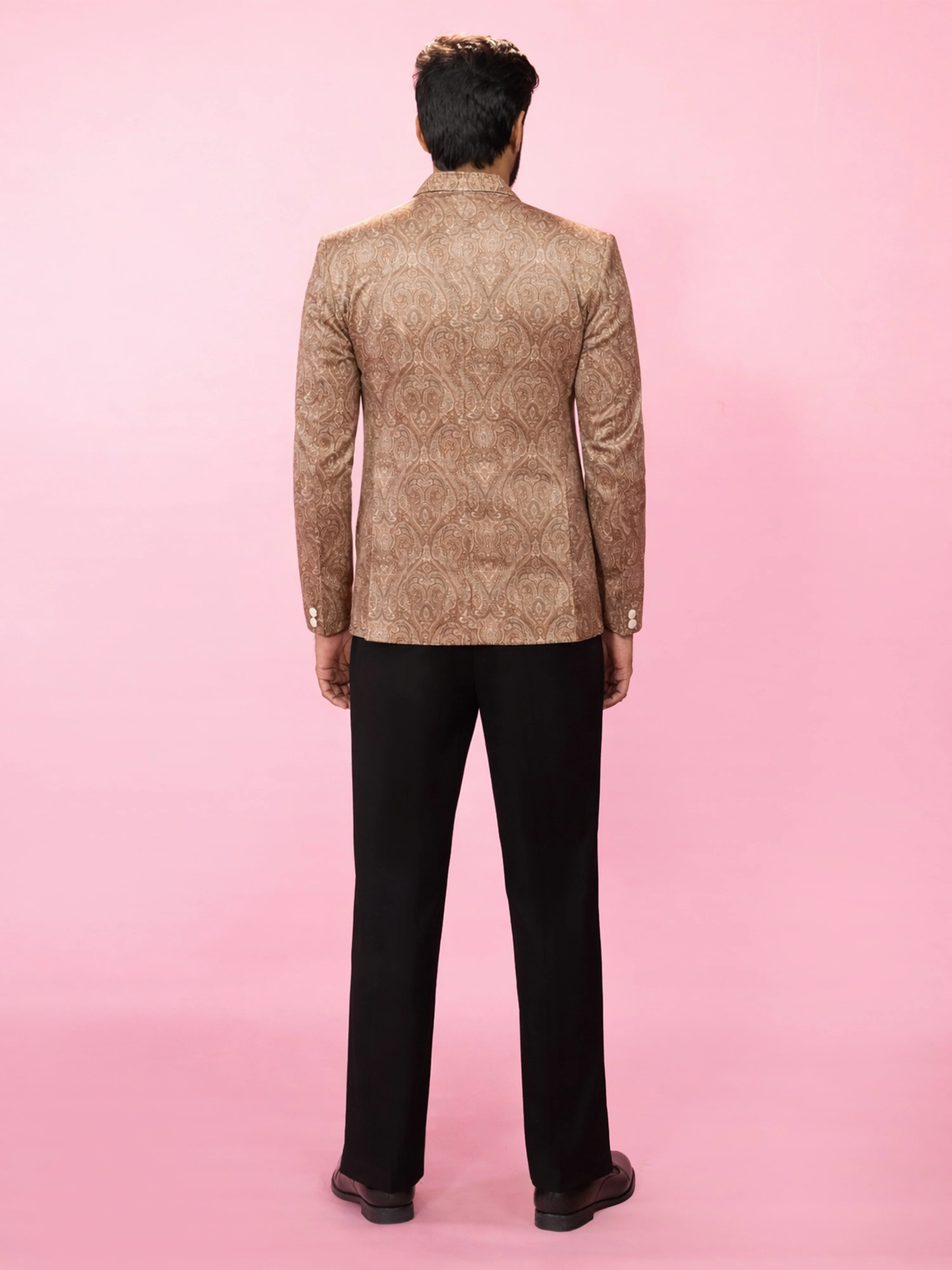 Men's Beige Velvet Digital Print Blazer with Black Straight Pant Set - Image 5