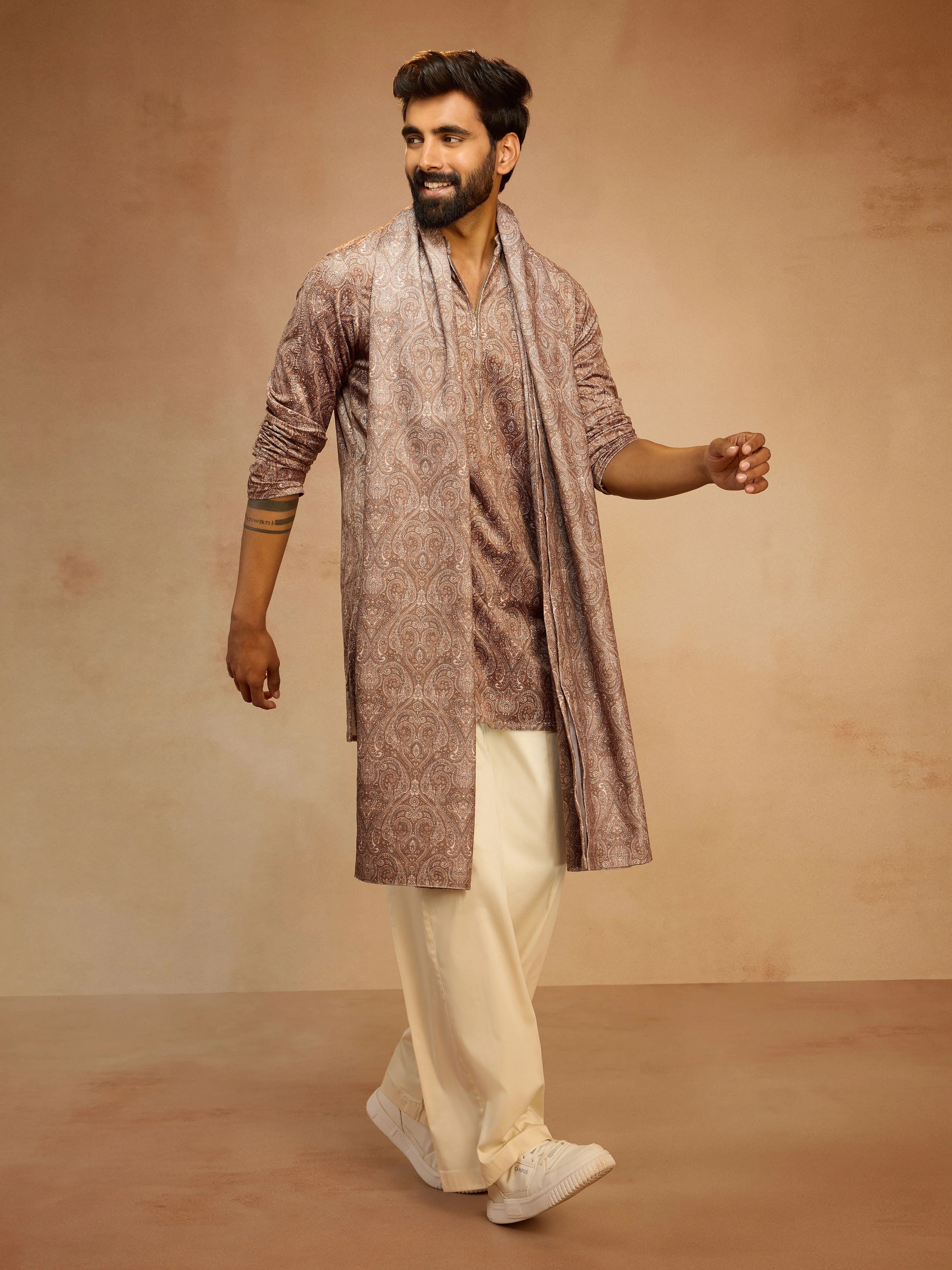Men's Beige Velvet Digital Print Kurta with Palazzo Pant & Matching Dupatta Set