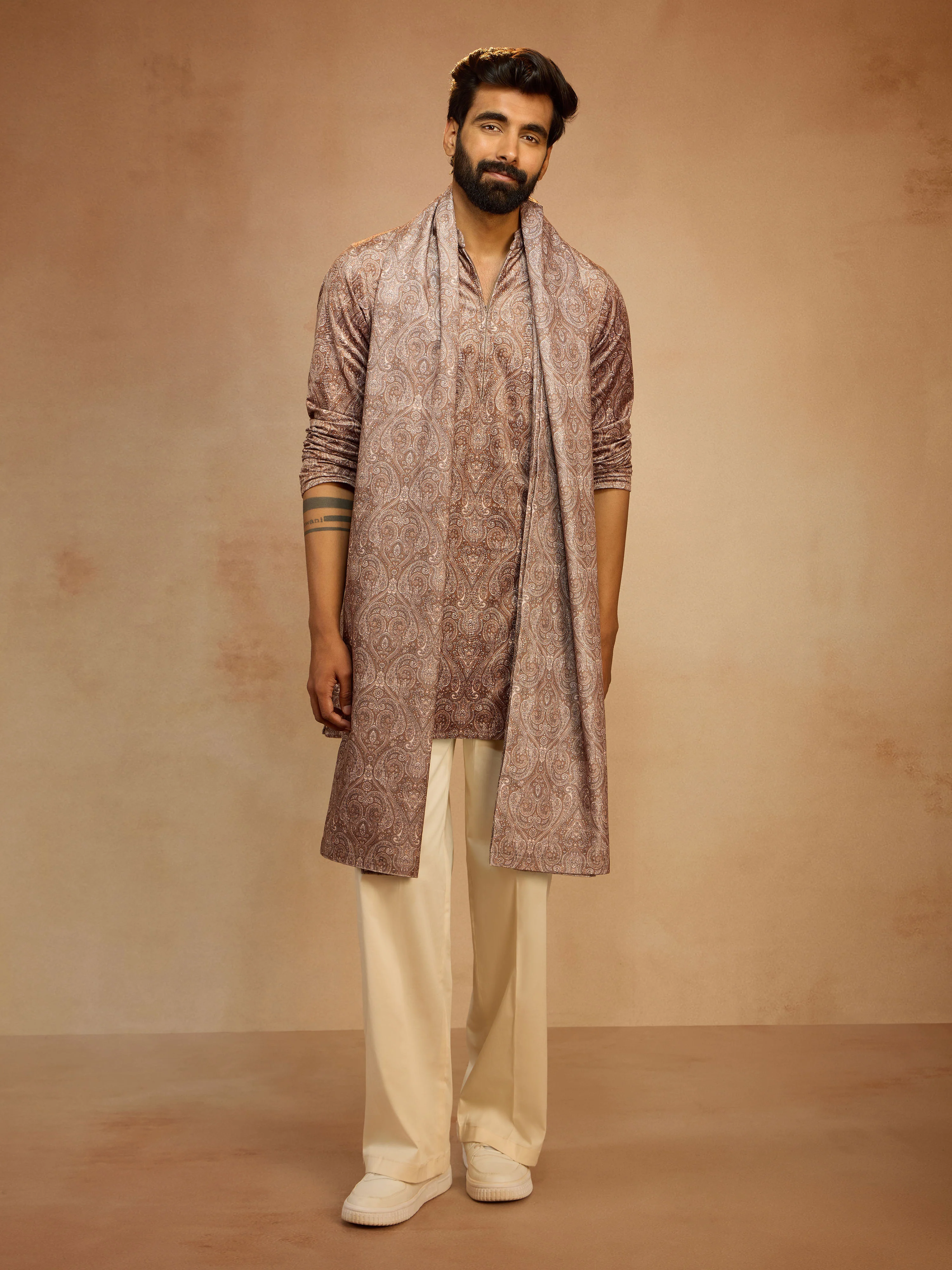 Men's Beige Velvet Digital Print Kurta with Palazzo Pant & Matching Dupatta Set - Image 3