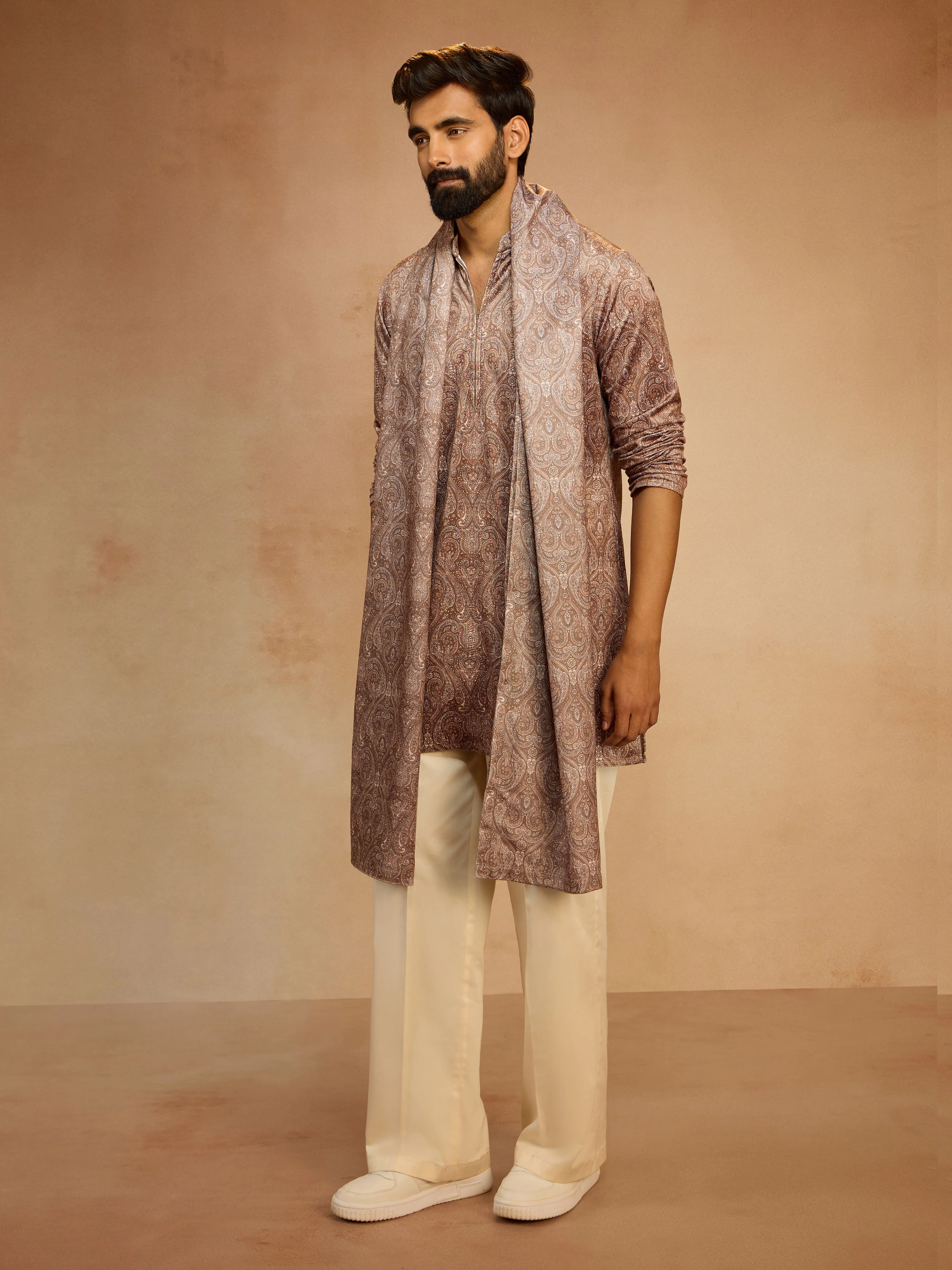Men's Beige Velvet Digital Print Kurta with Palazzo Pant & Matching Dupatta Set - Image 4